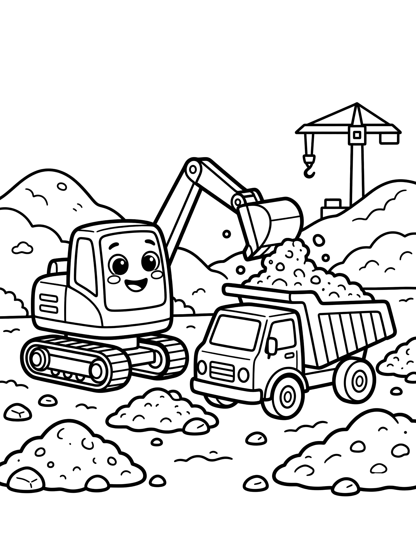 Cute cartoon excavator with big eyes loading rocks and dirt from its bucket into a smiling dump truck coloring page