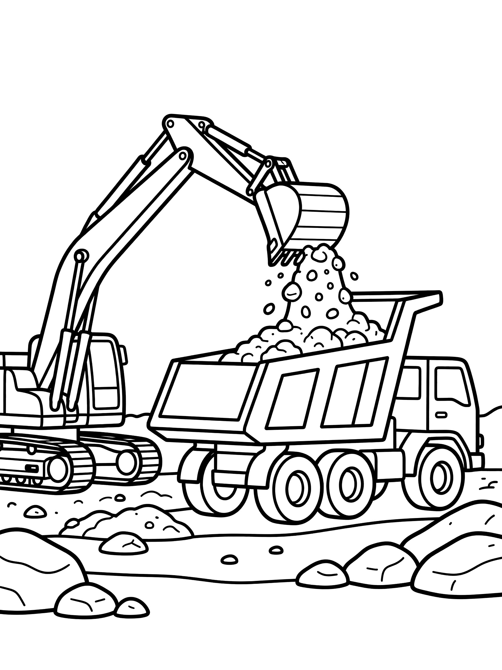 Black and white line art of a large haul truck being loaded with dirt by an excavator on a construction site, easy coloring page for preschoolers