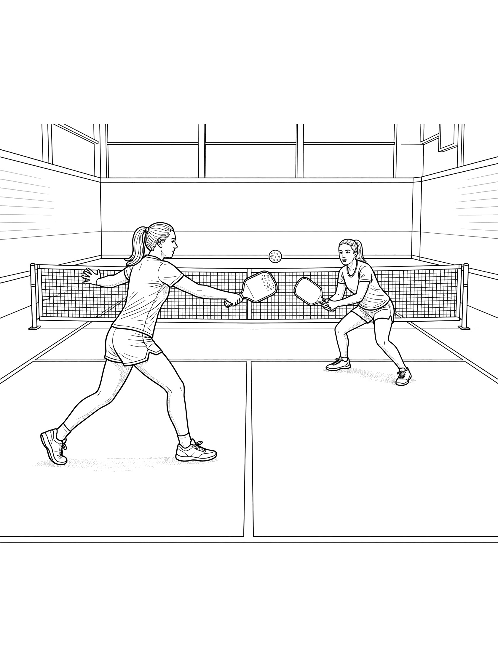 Black and white line art of pickleball court rally in a gym, showing two players, net, ball, and paddles