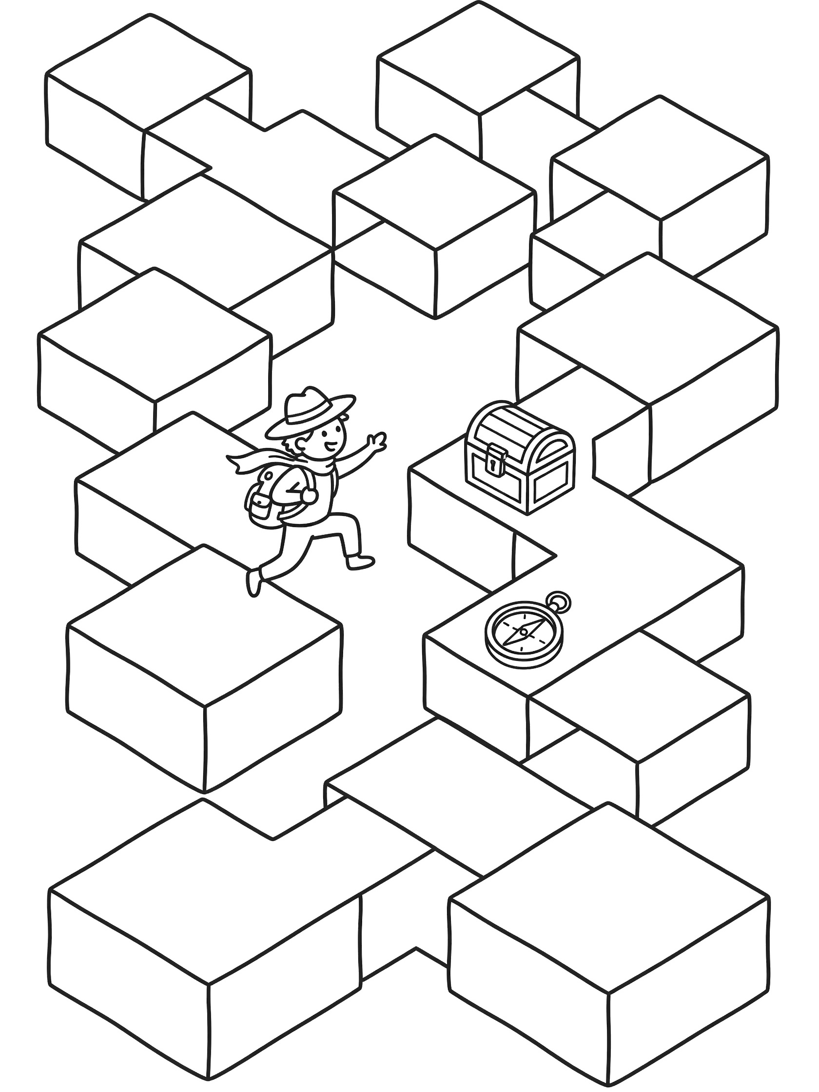 Doodle-style line art coloring page showing an explorer jumping across layers of overlapping squares like floating platforms in a maze, with treasure chest and compass hidden in the edges.