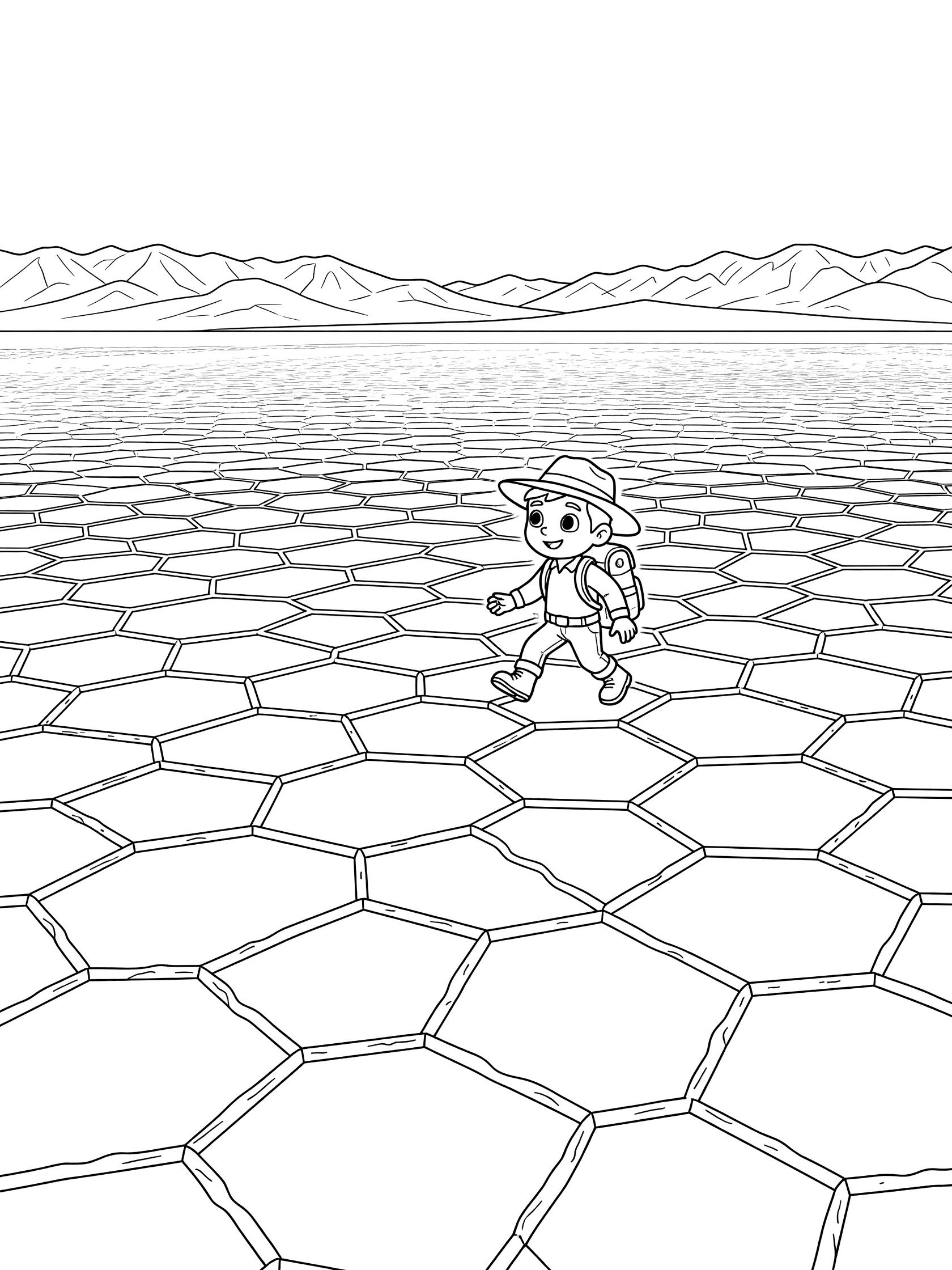 Black and white line art coloring page showing a cartoon explorer stepping on hexagonal cracked salt flats in Death Valley, distant mountains visible.