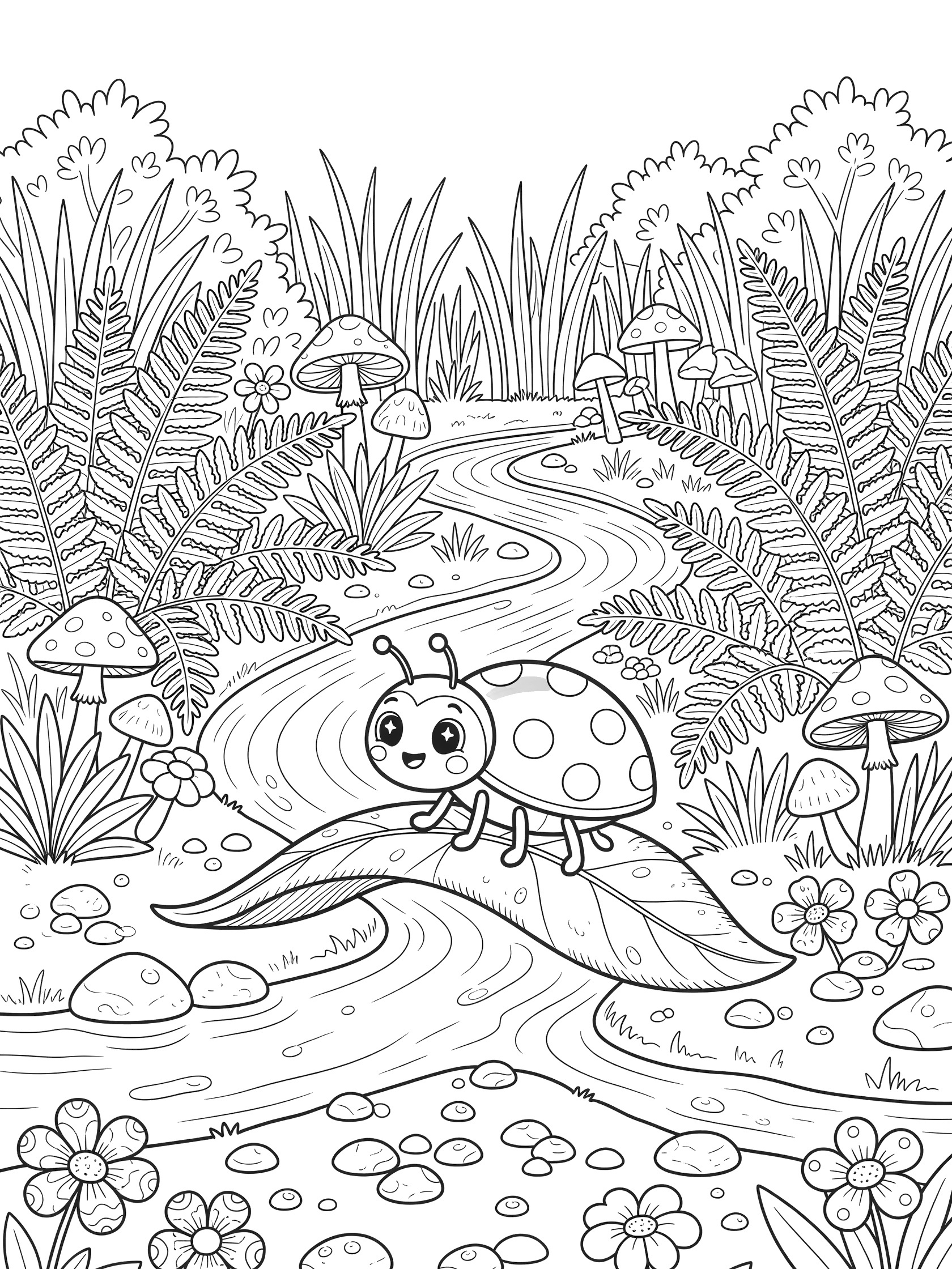 Cute cartoon ladybug with big eyes and spots on a leaf bridge over a stream, surrounded by ferns, mushrooms, flowers, pebbles, and grass in a detailed garden scene coloring page