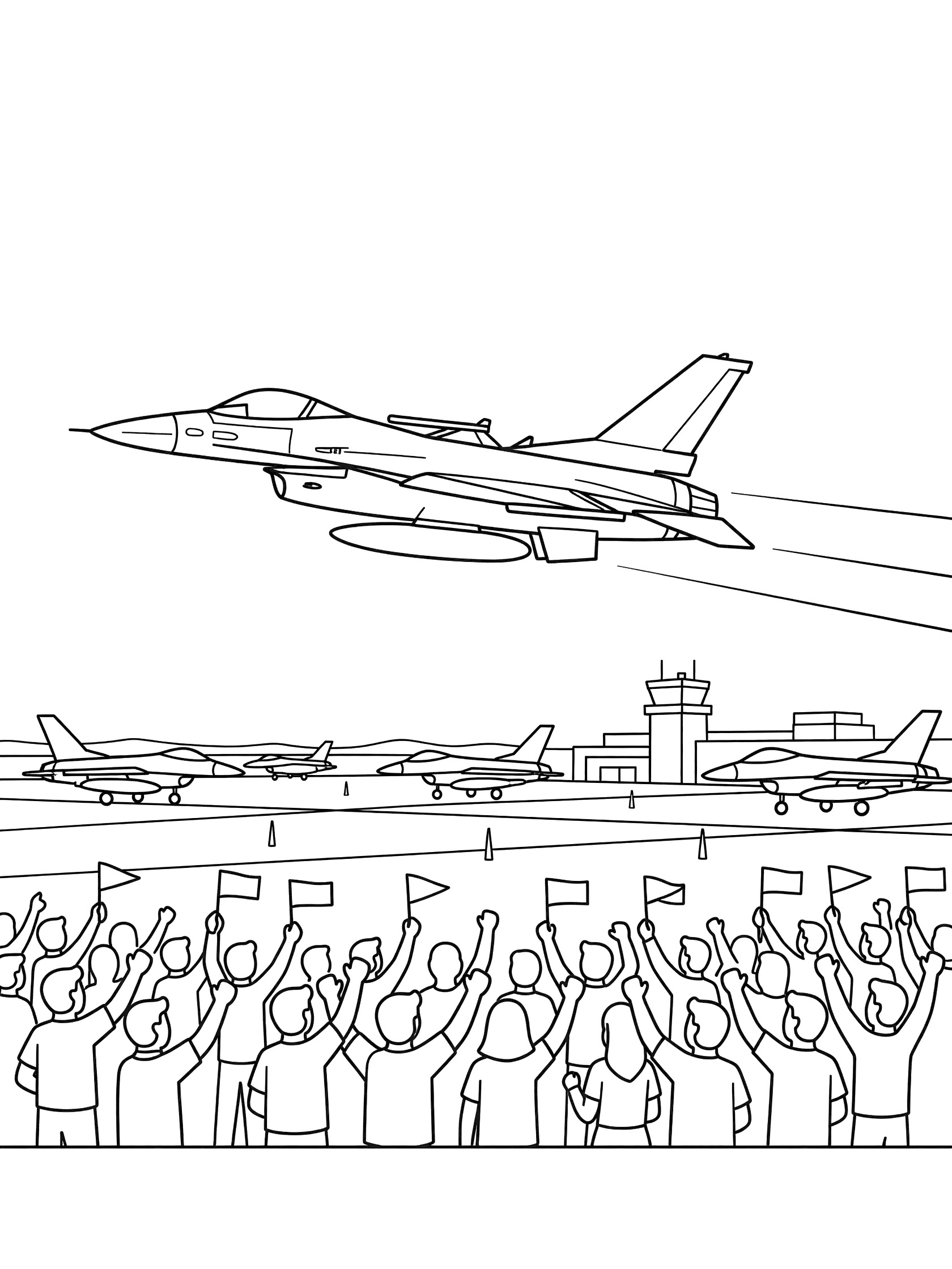 Black and white coloring page of an F-16 Falcon fighter jet in dynamic flyby over airshow crowd with raised arms, flags, parked planes, and control tower.