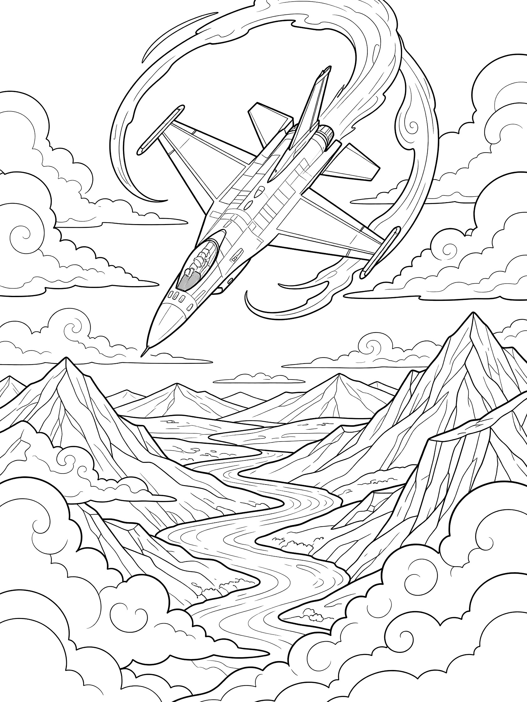 Black and white coloring page of an F-16 Falcon fighter jet upside down mid-loop with exhaust trails, fluffy clouds, distant mountains, and winding river.