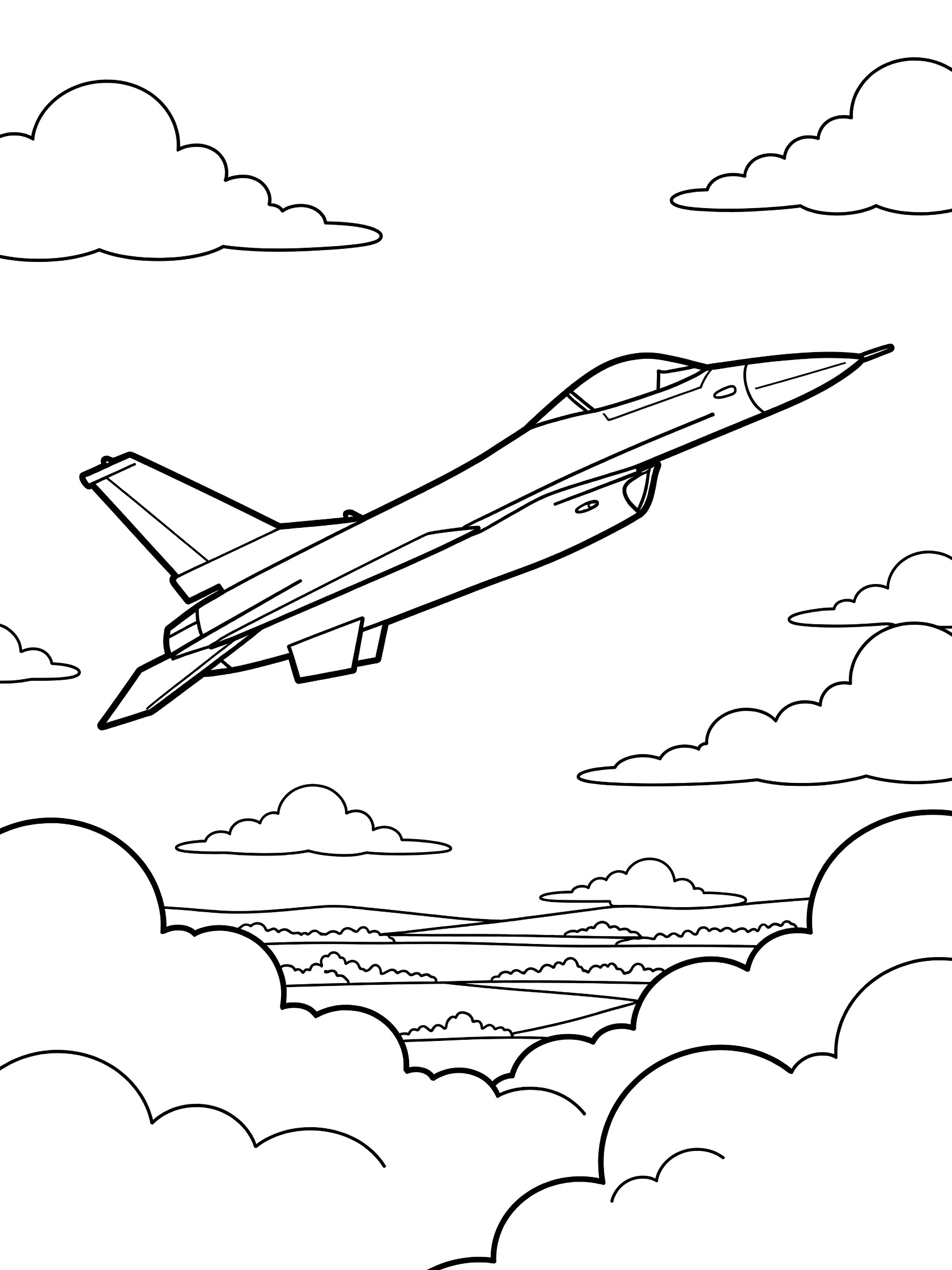 Black and white line art of an F-16 Falcon jet in upward flight amid fluffy clouds and distant green hills on a white background