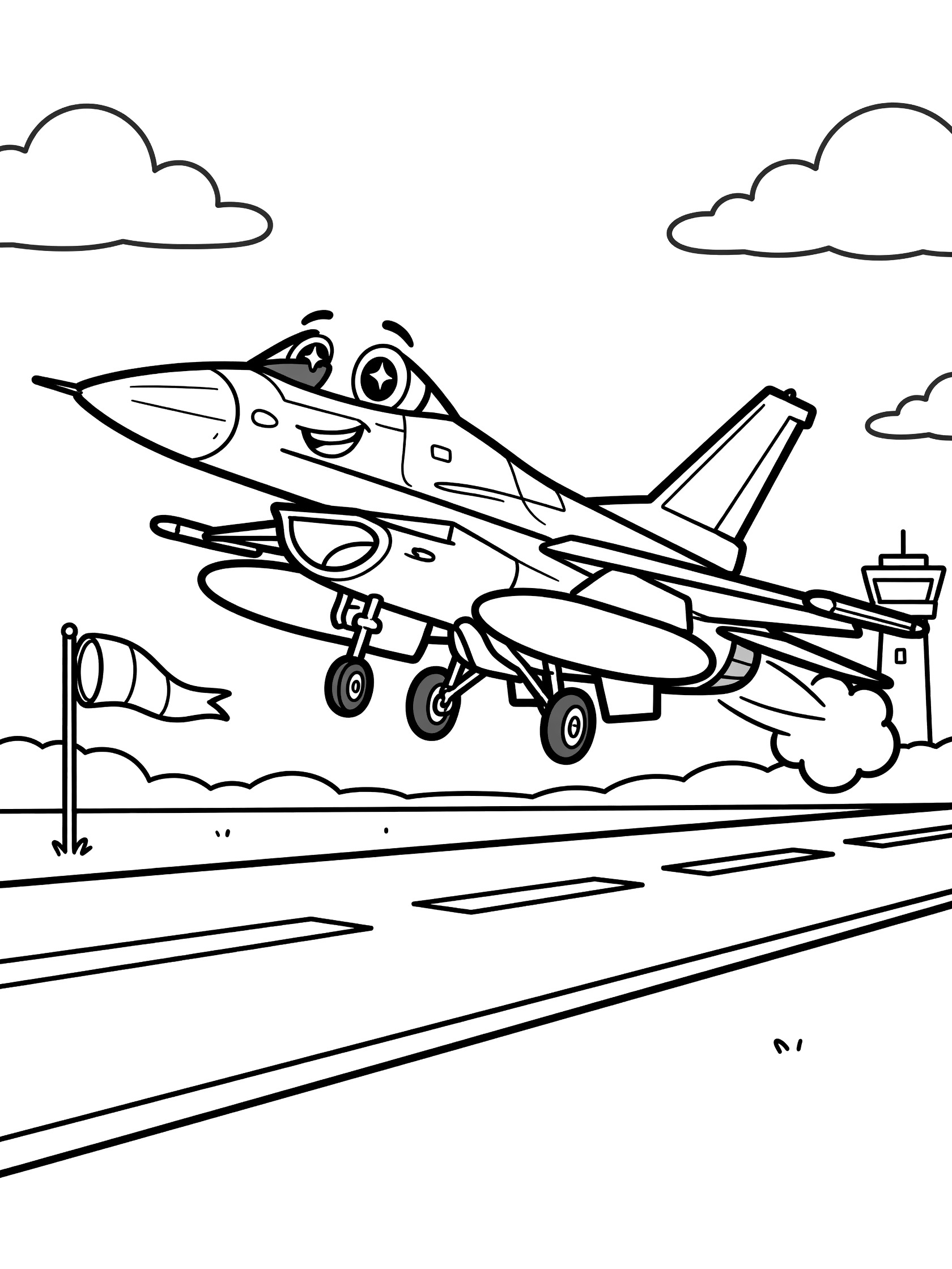 Cute cartoon F-16 Falcon fighter jet coloring page, tilted upward taking off runway with landing gear lifting, sparkling eyes, grin, engine exhaust, windsock, runway stripes, clouds, and control tower