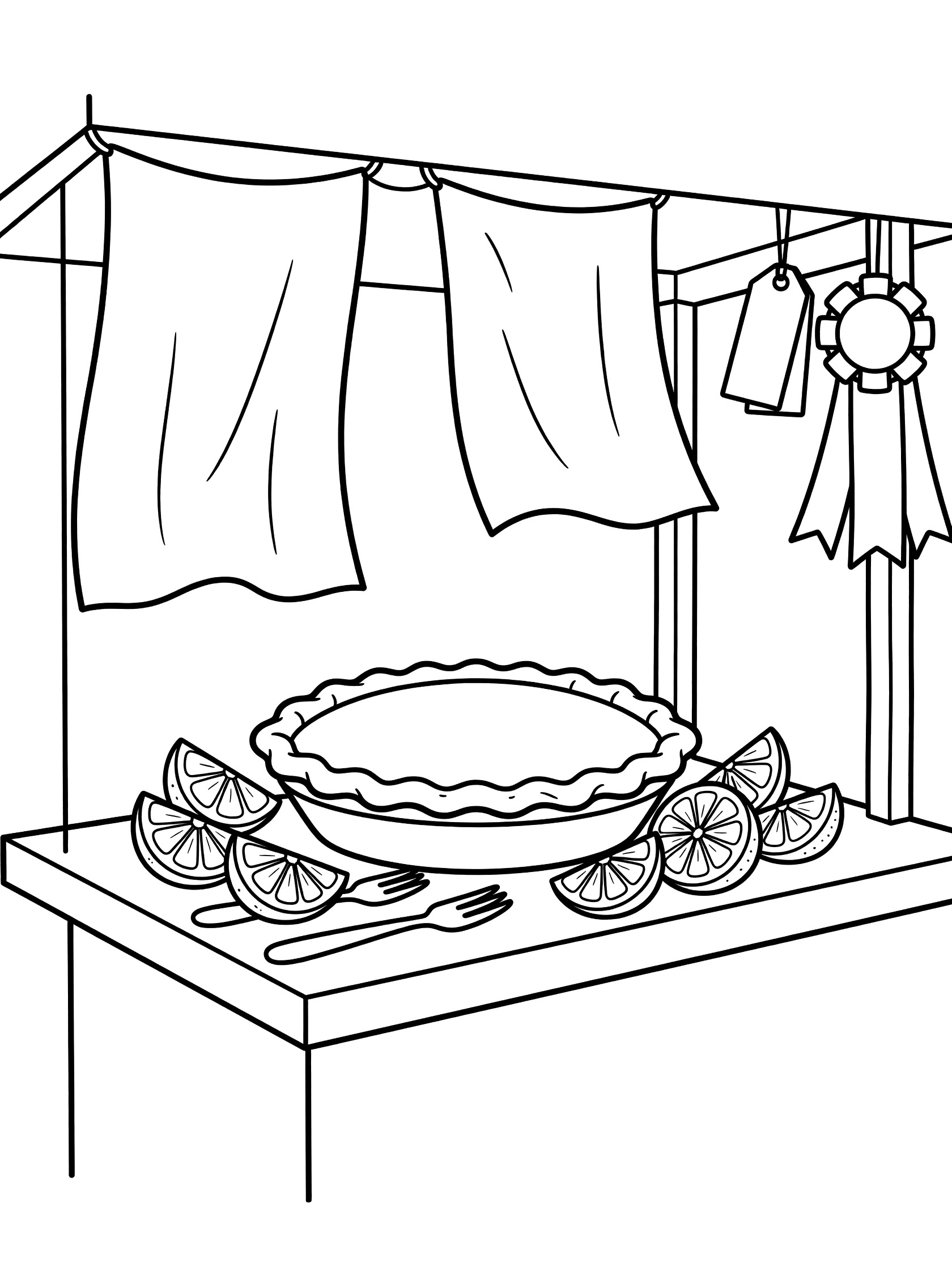 Printable coloring page showing a lemon pie at a lively fair stand with lemon slices, forks, banners, ribbons, and prize ribbons