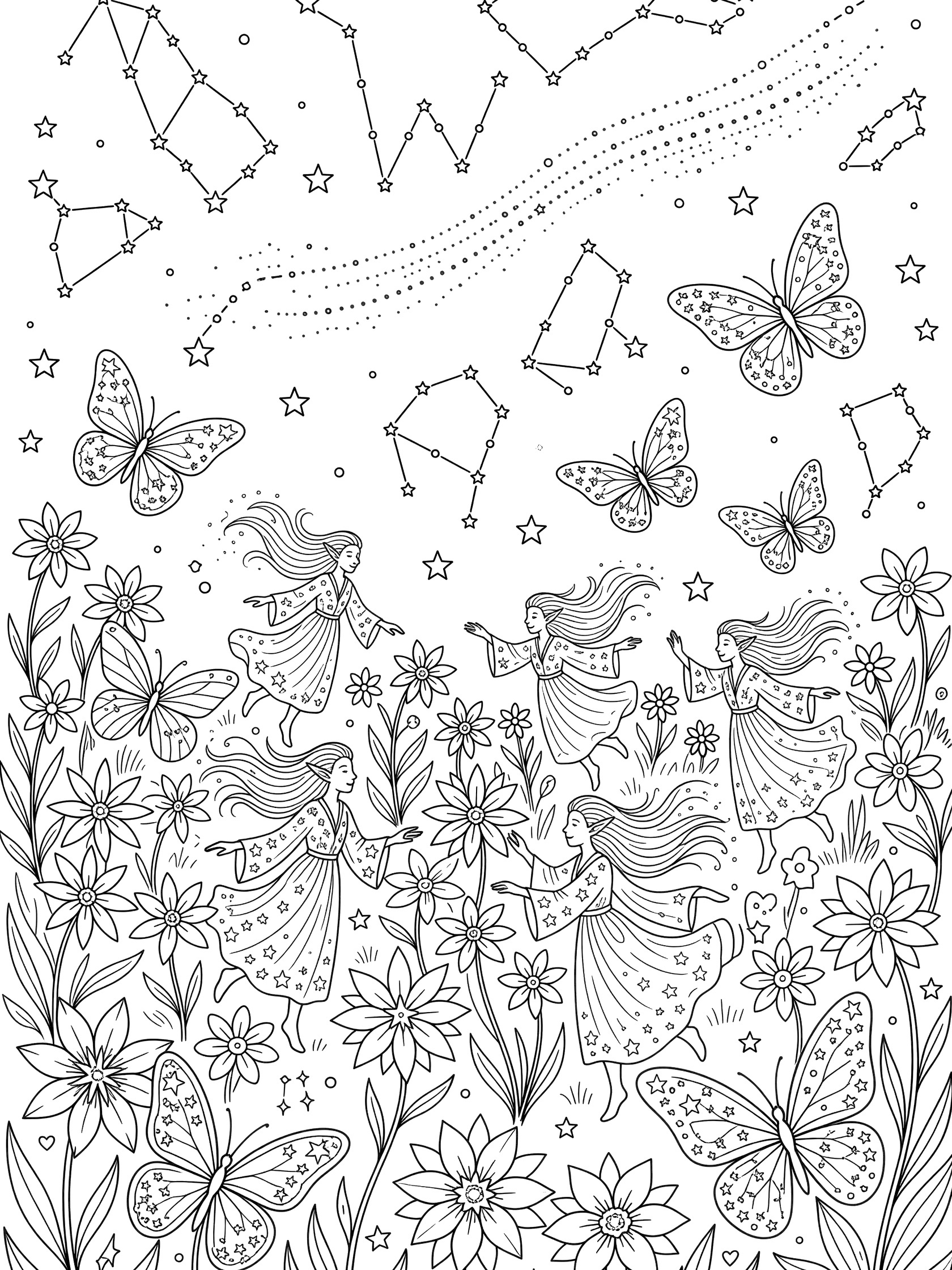 Black and white line art coloring page showing fairies with wings dancing in a flower meadow under a sky of stars, constellations, and butterflies. Astral Elves themed black and white printable line art