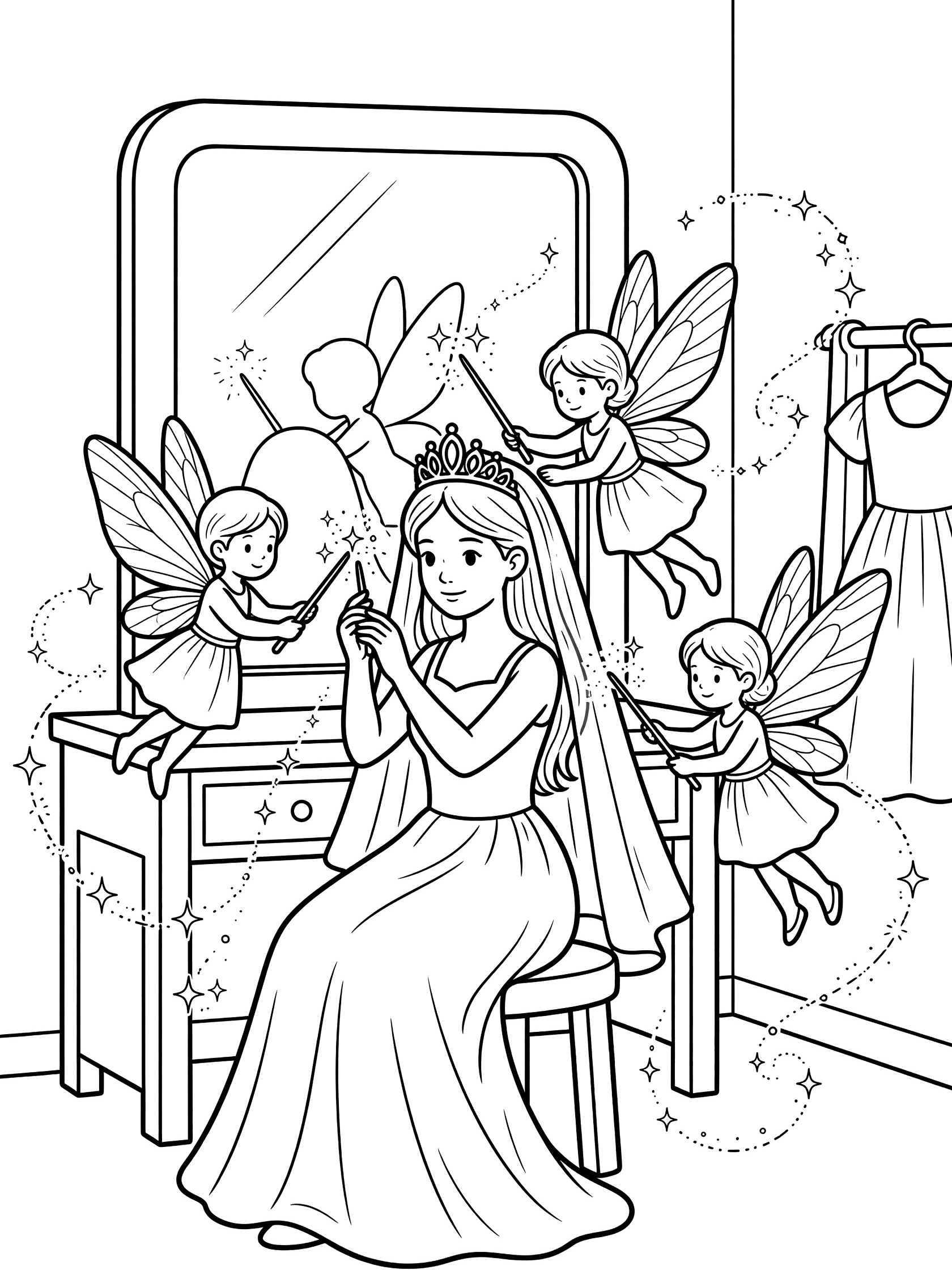 Black and white line art coloring page showing a princess sitting at a dressing table with a large mirror, three small fairies with wings flying around her, holding wands with sparkles, adjusting her tiara and long veil, a dress hanging nearby.