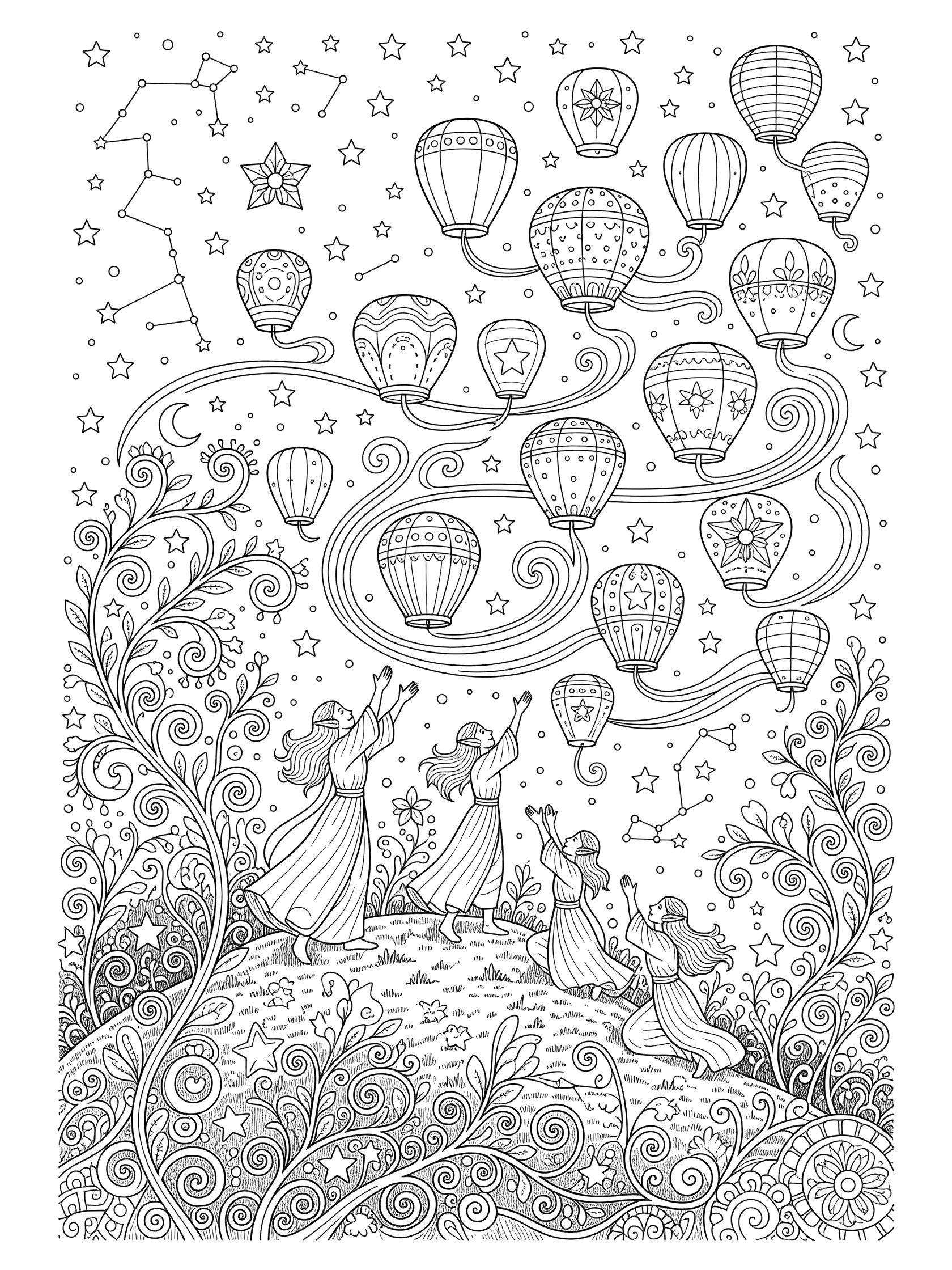 Black and white line art coloring page showing four fairies in flowing dresses kneeling on a grassy hilltop, releasing multiple detailed paper lanterns floating upward into a starry night sky surrounded by swirling vines and gentle wind swirls. Elves themed black and white printable line art