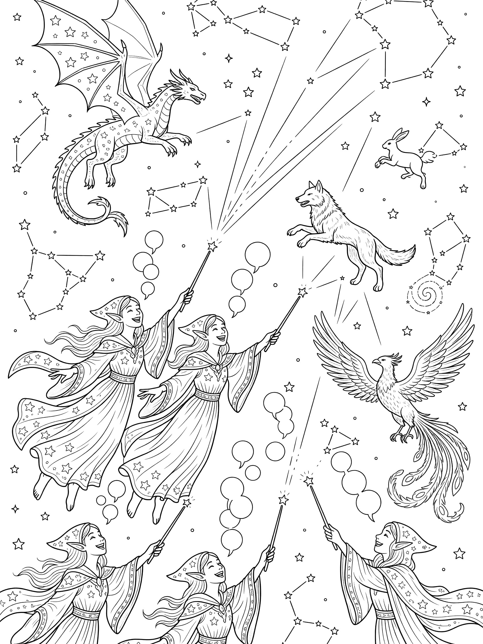 Black and white line art coloring page showing fairies with long dresses and pointed hats holding wands near dragons, phoenix, jumping wolf, bunny, and starry sky with lines connecting stars. Astral Elves themed black and white printable line art