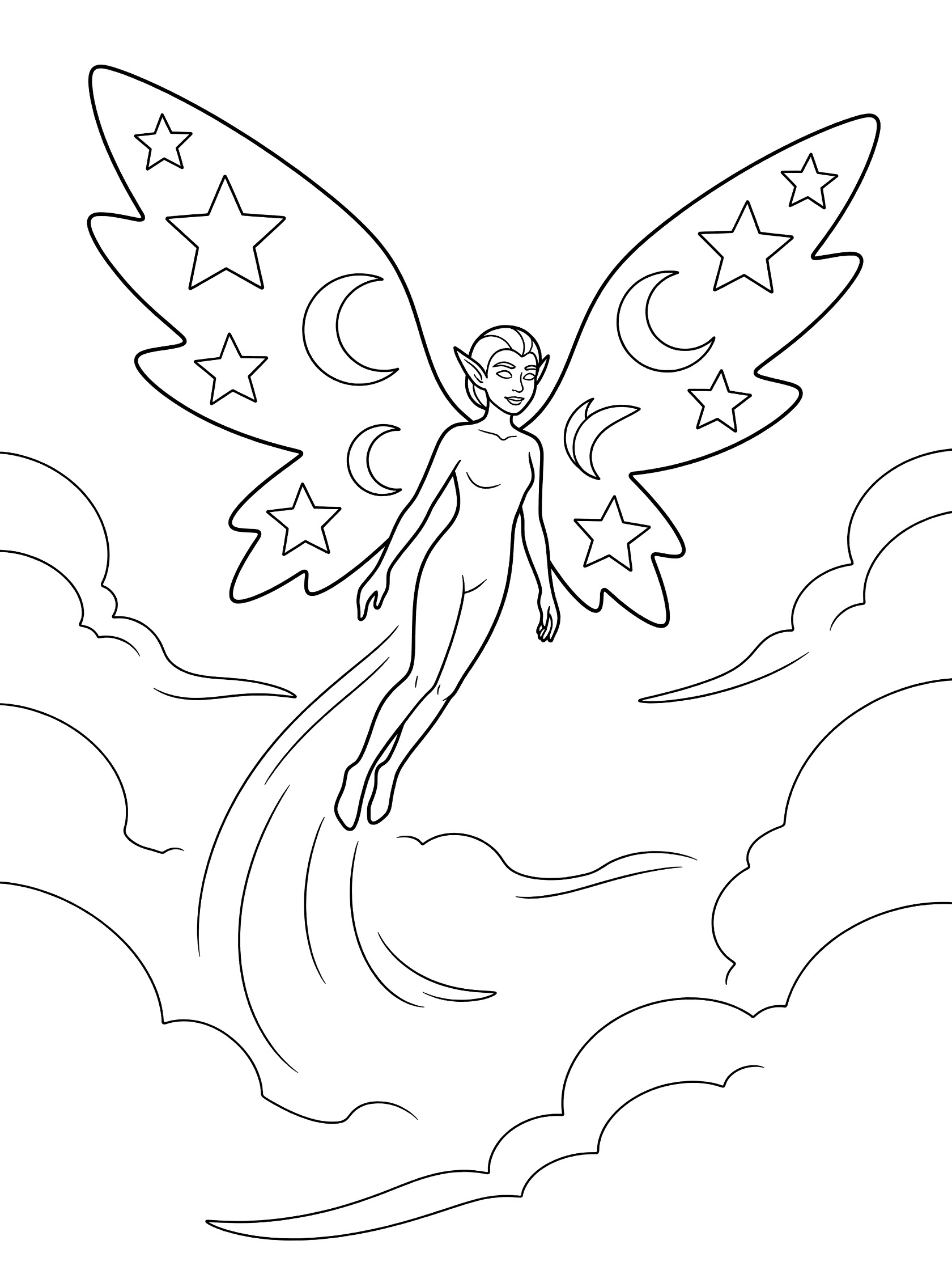 Black and white line art coloring page showing a fairy flying with large starry and moon-shaped wings surrounded by wispy clouds. Astral Elves themed black and white printable line art