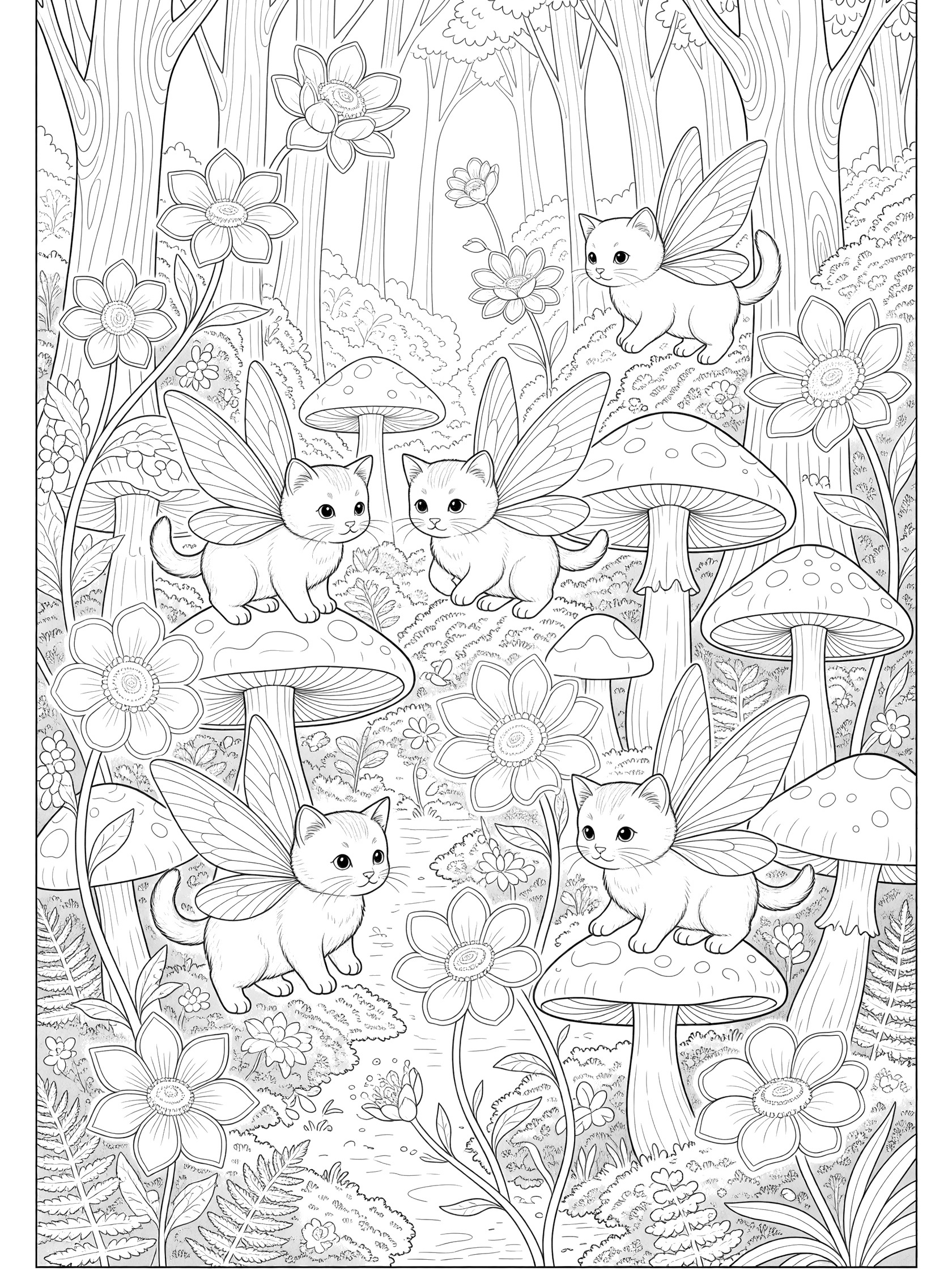 Black and white line art coloring page of four adorable kittens with fairy wings near mushrooms and flowers in a forest.