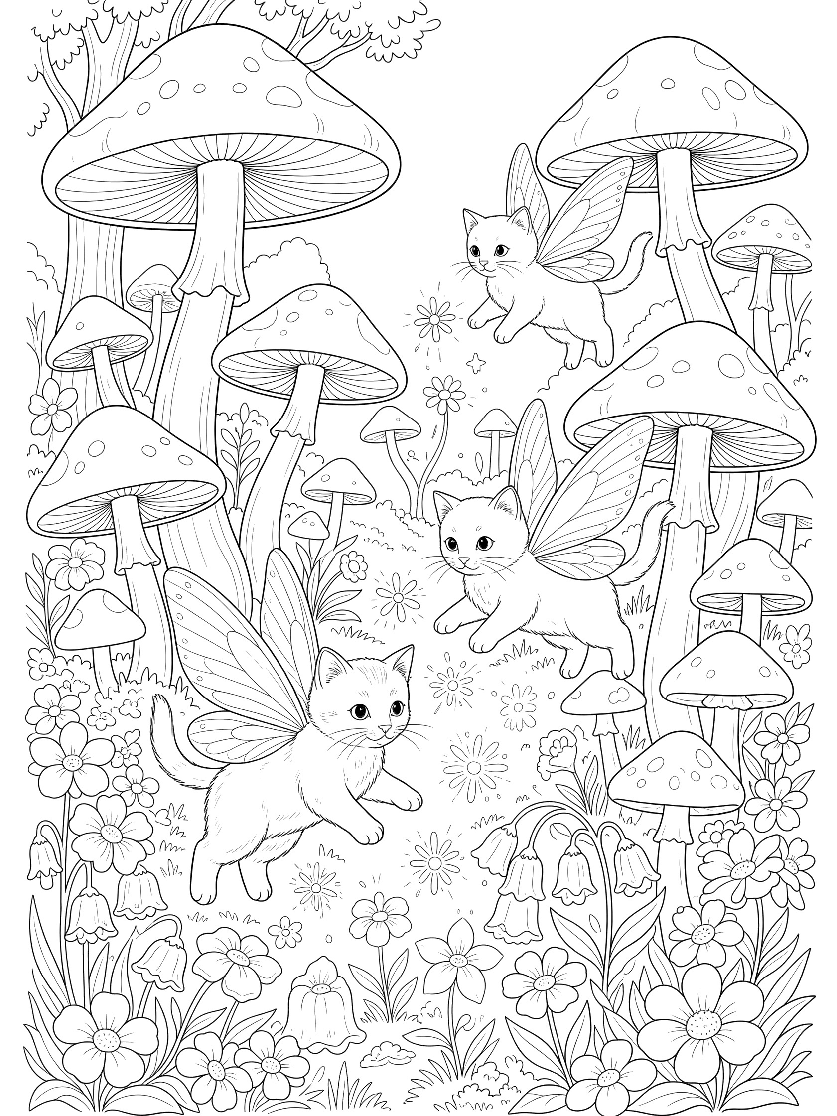 Black and white line art coloring page of four small kittens with fairy wings flying near tall mushrooms and blooming flowers in a garden.