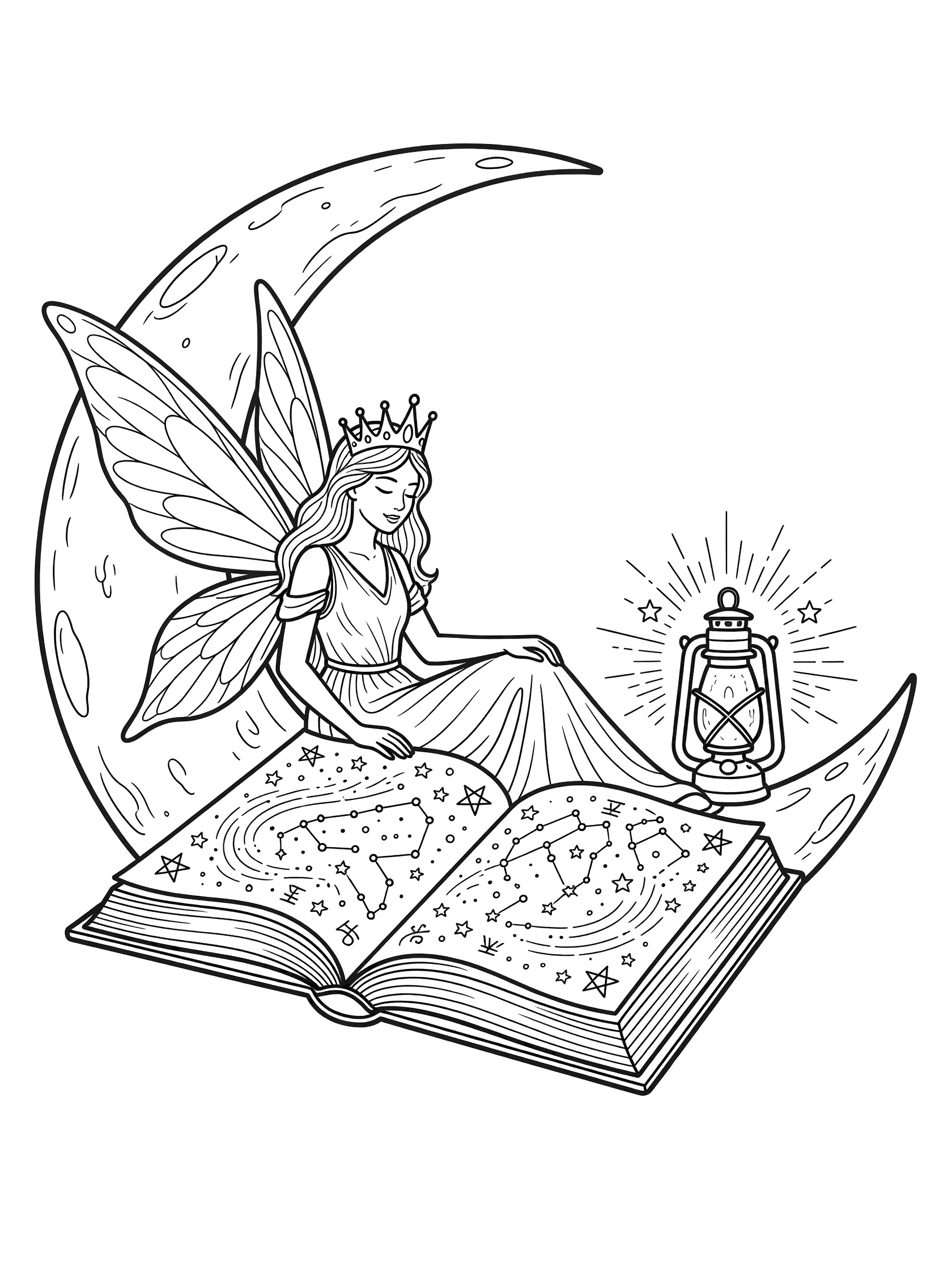 Black and white line art coloring page showing a winged fairy princess with crown lounging on a crescent moon, reading a large open book filled with stars and symbols, with a lantern nearby.