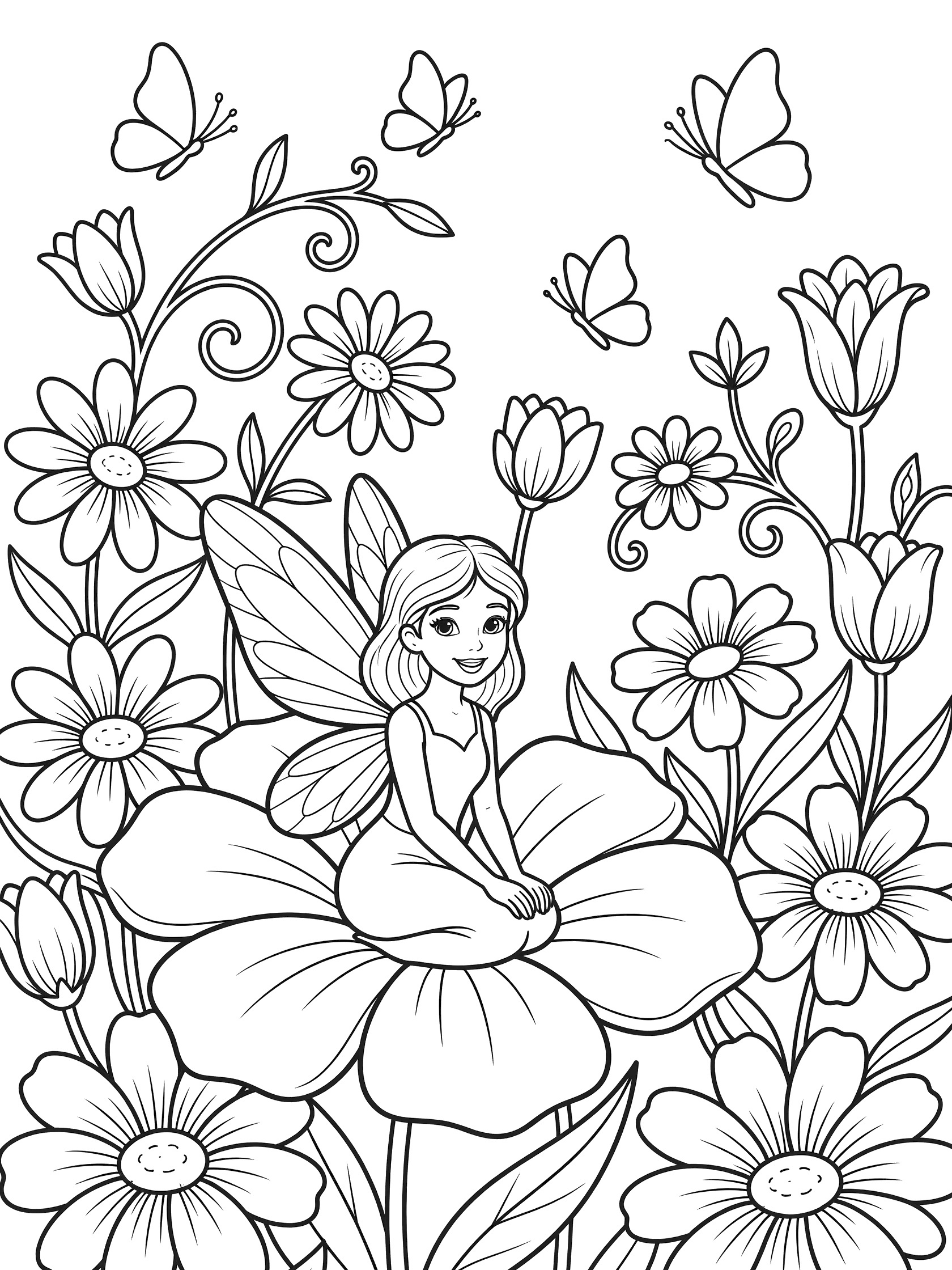 Black and white line art coloring page showing a fairy with wings sitting on a large flower petal, smiling, with daisies, tulips, vines and butterflies around her.