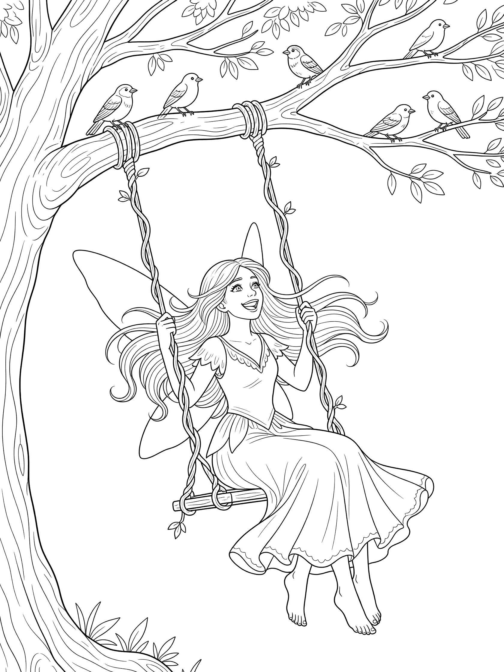 Black and white line art coloring page showing a fairy with wings and long hair swinging on a vine swing from a tree, with birds perched on branches.