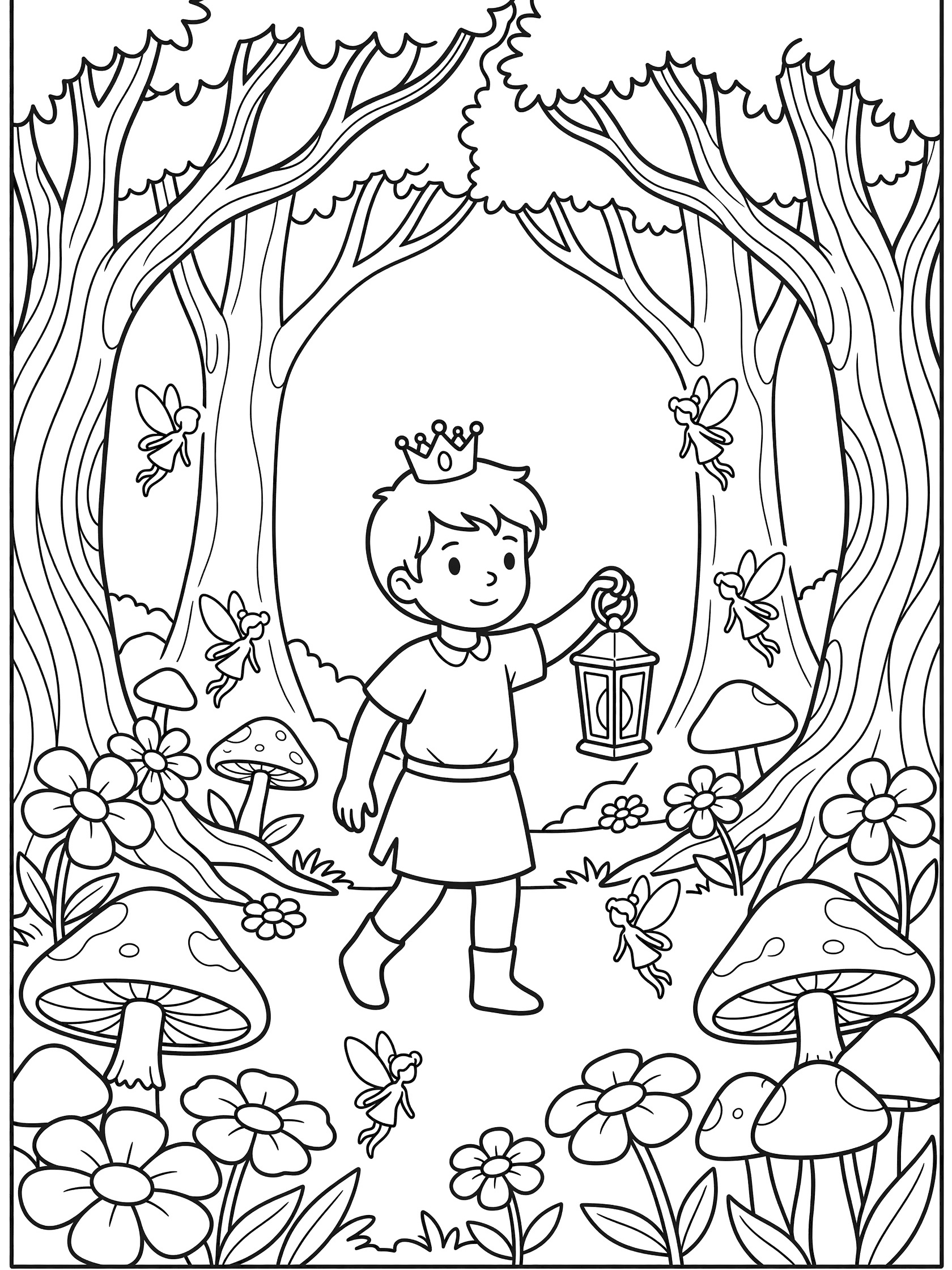 Black and white line drawing coloring page showing a crowned fairy prince holding a lantern, surrounded by flying fairies, flowers, mushrooms, and twisty trees in an enchanted forest.