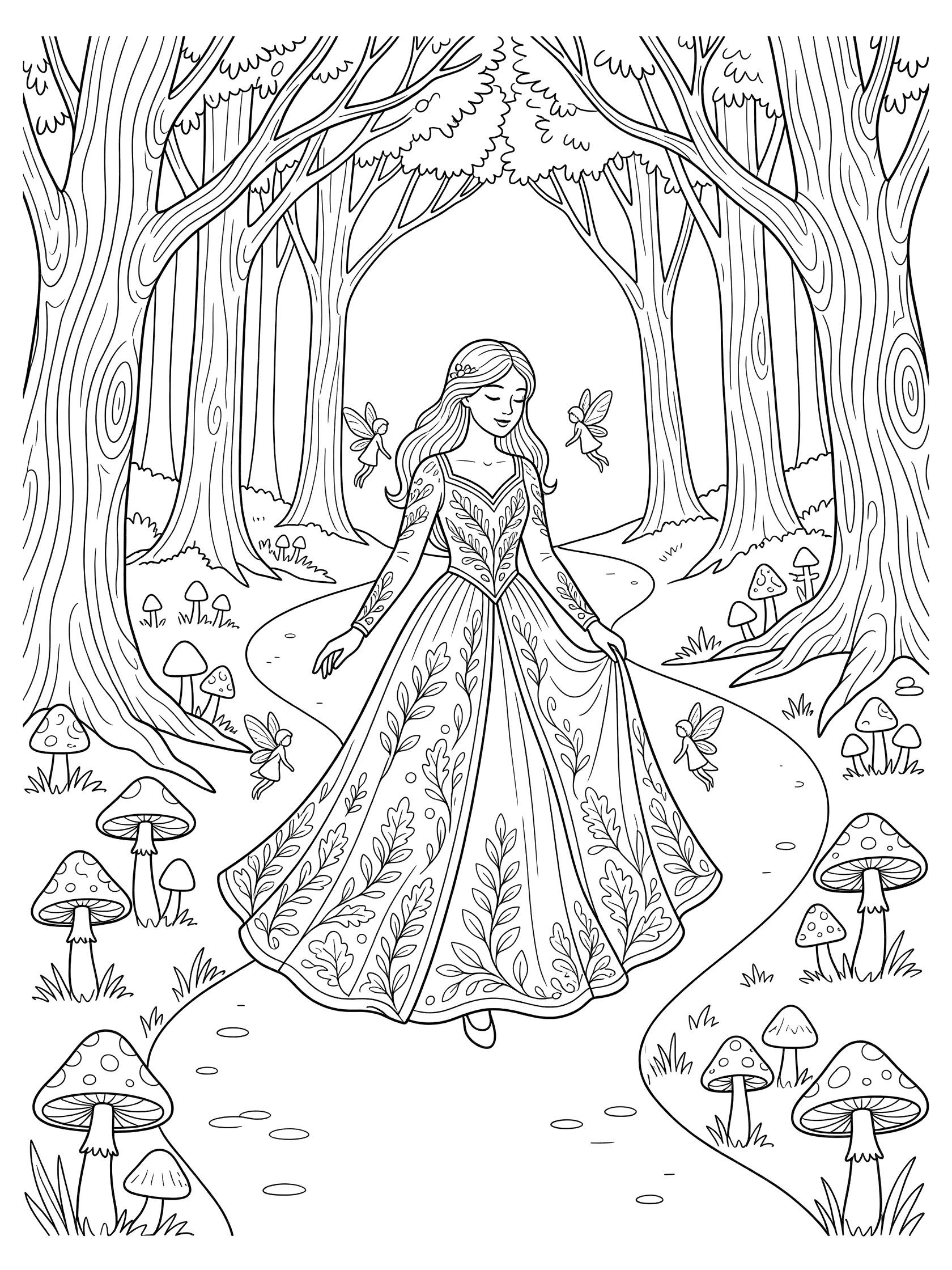 Black and white line art coloring page showing a princess in a flowing gown on a forest path surrounded by tall trees, mushrooms, and small winged fairies.