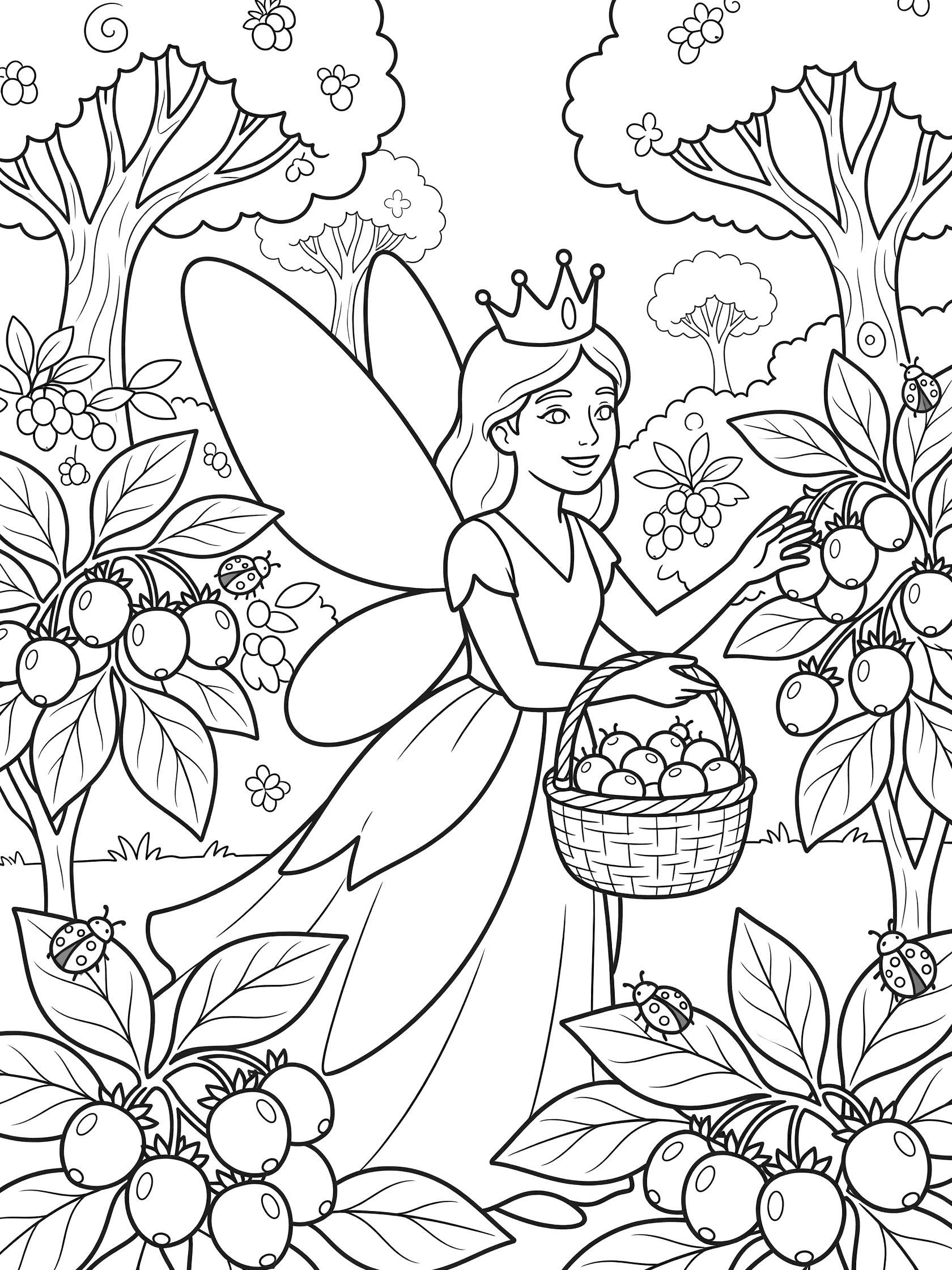 Black and white line art coloring page showing a fairy princess with wings and crown reaching for berries on bushes, holding a basket of fruit, ladybugs on leaves, trees around.