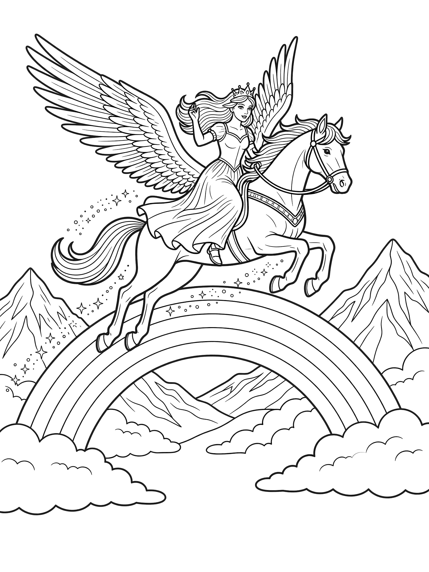 Black and white line art coloring page showing a princess with wings and long hair riding a winged horse jumping over a curved rainbow, with sparkles, clouds, and mountains in the background.
