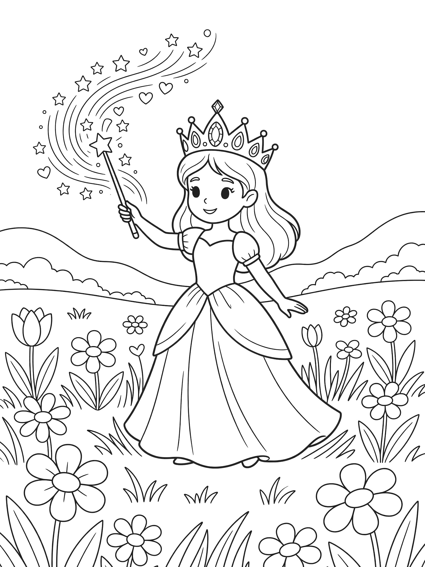Black and white coloring page of a fairy princess in a gown and crown waving a magic wand that makes stars and hearts above a meadow with flowers and hills.