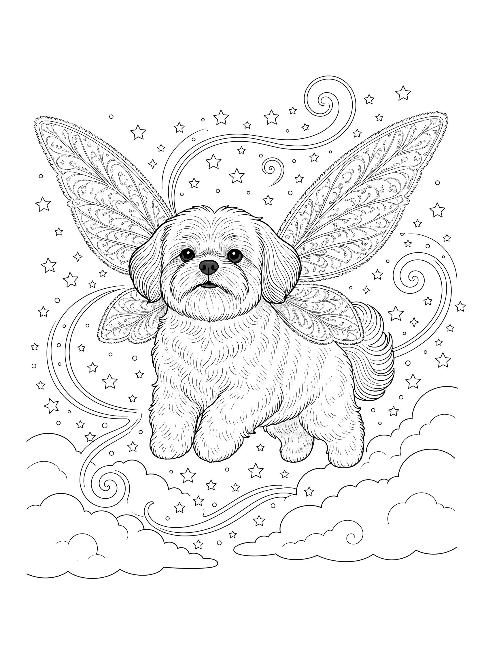 Black and white line art of a fluffy Shih Tzu dog as a fairy with detailed wings, surrounded by stars, swirls and clouds for coloring.