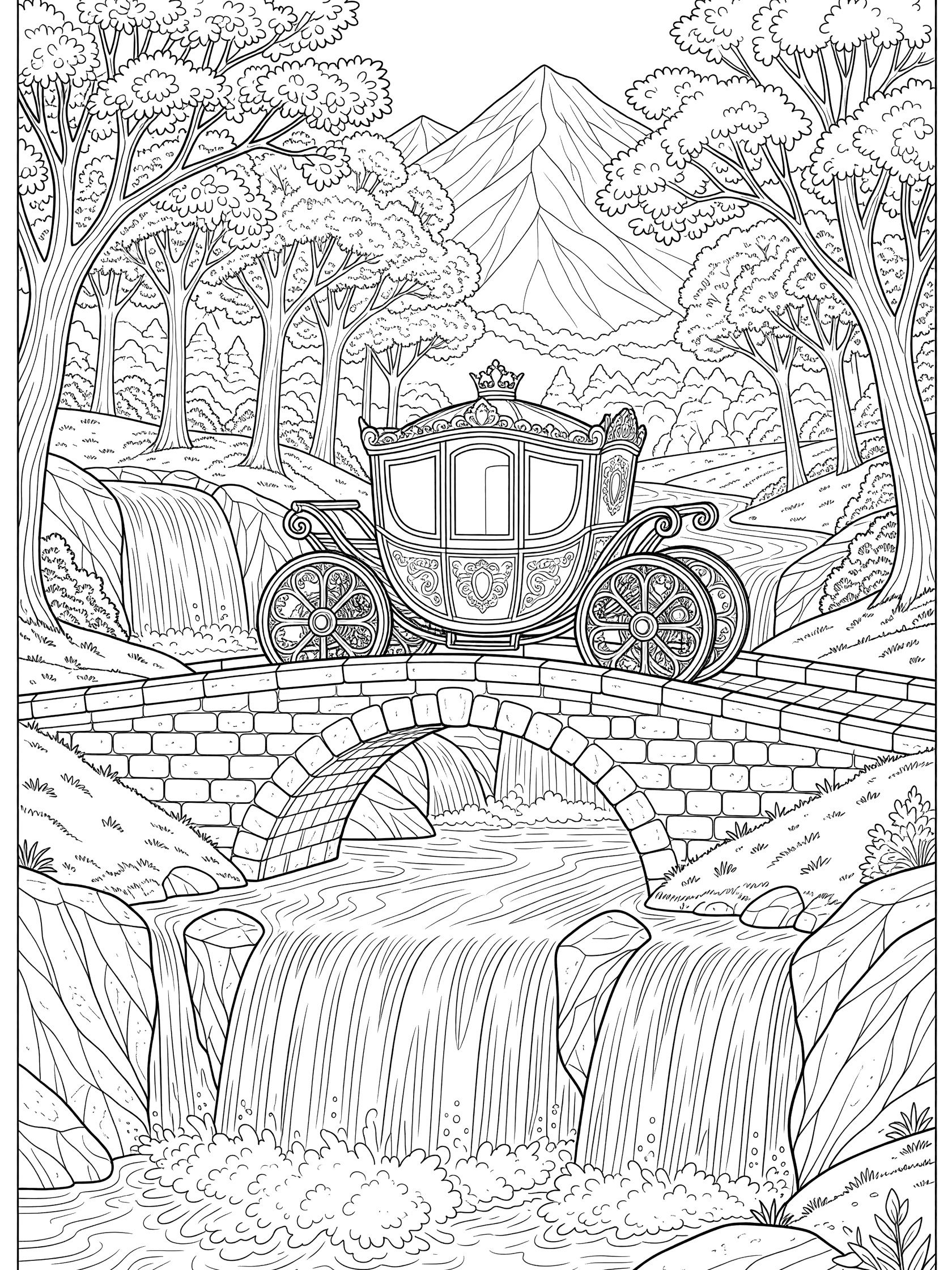 Black and white line art coloring page showing a fancy horse-drawn carriage crossing a stone arch bridge over a river with waterfalls, surrounded by trees and distant mountains.
