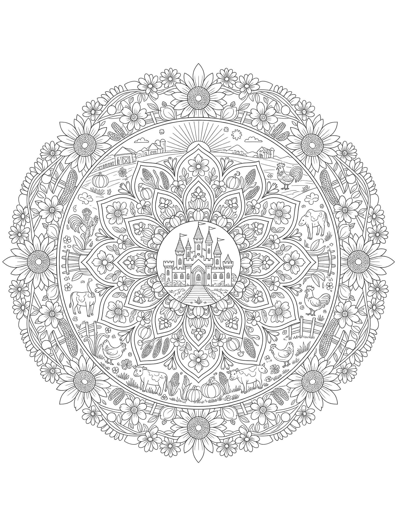 Black and white coloring page of a round floral mandala featuring a central fairy tale castle with towers, surrounded by sun rays, flowers, leaves, birds, butterflies, and farm animals like cows and chickens.