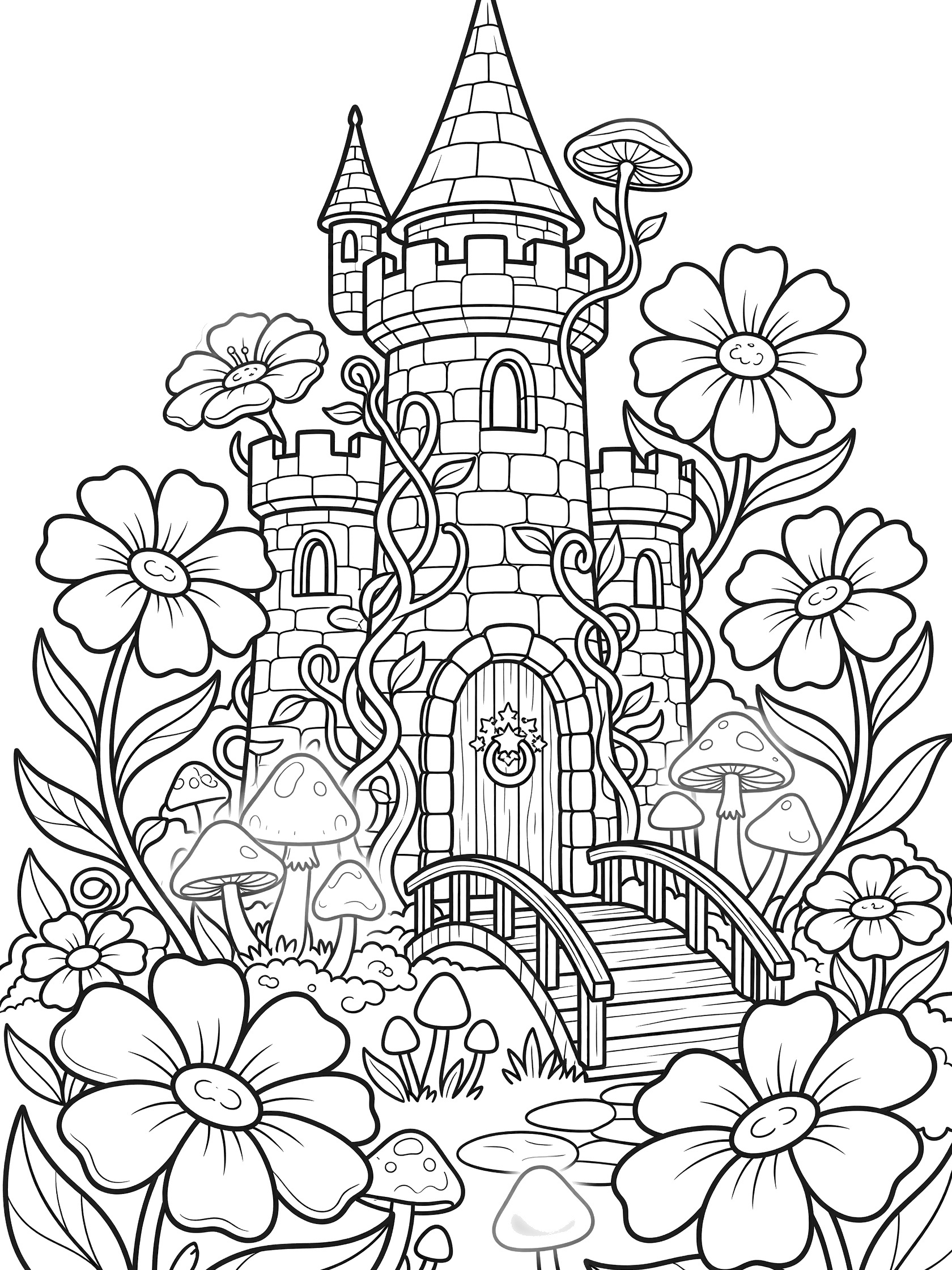 Black and white line art coloring page showing a tall stone castle tower covered in vines, surrounded by large flowers and mushrooms, with a wooden bridge leading to the door. Wizard Tower themed black and white printable line art