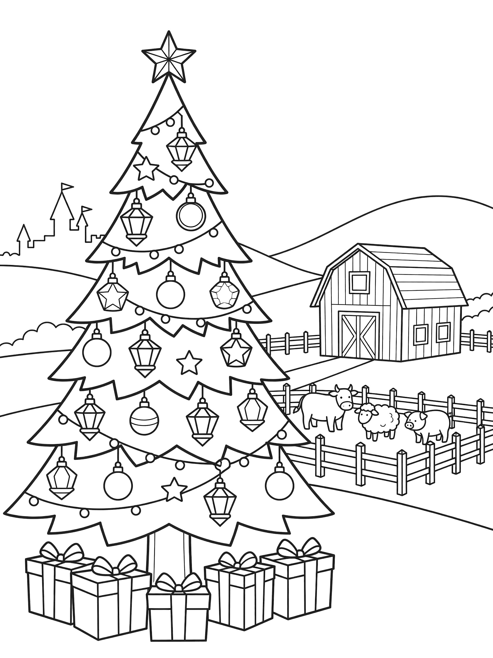 Black and white line drawing of tall Christmas tree decorated with balls lanterns and star top, gift boxes at base, red barn, fluffy sheep behind wood fence, rolling hills with small castle.