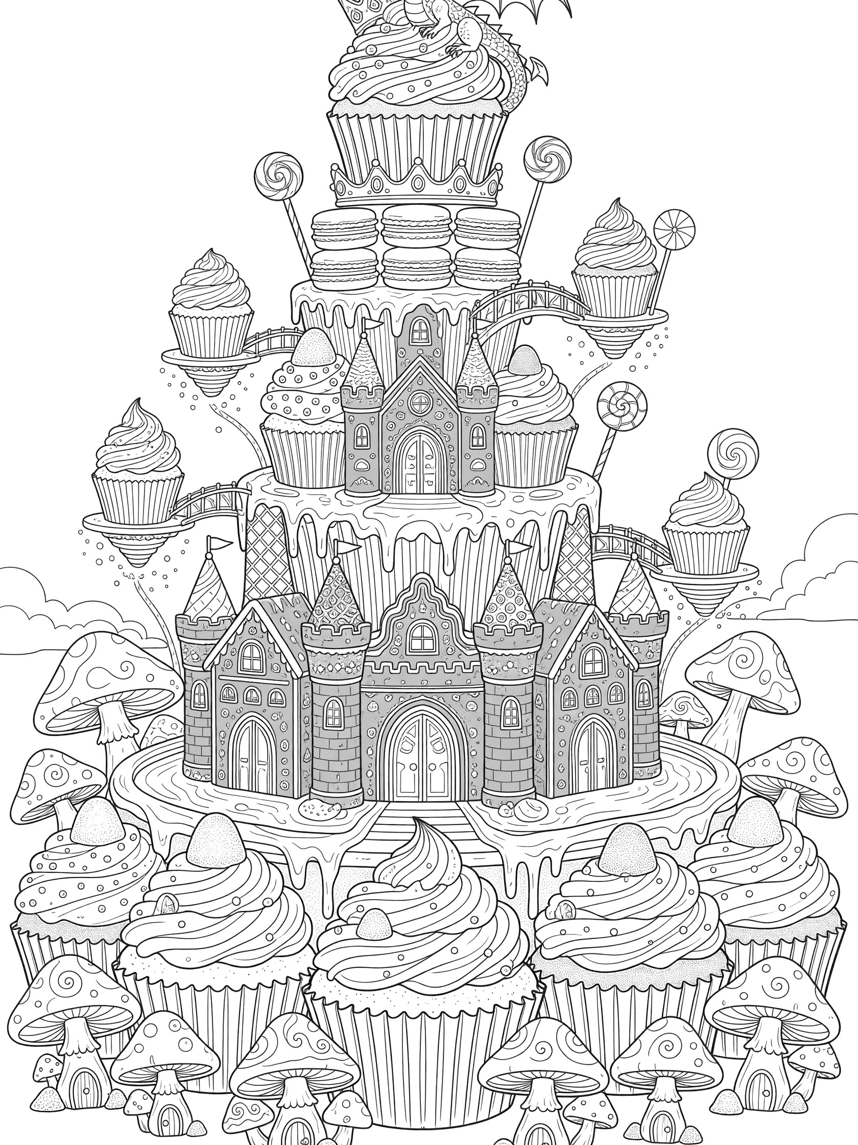 Line drawing of stacked cupcakes forming a fantasy tower topped by a dragon, with castle-like structures, mushrooms at base, candy canes, floating cupcakes, and clouds.