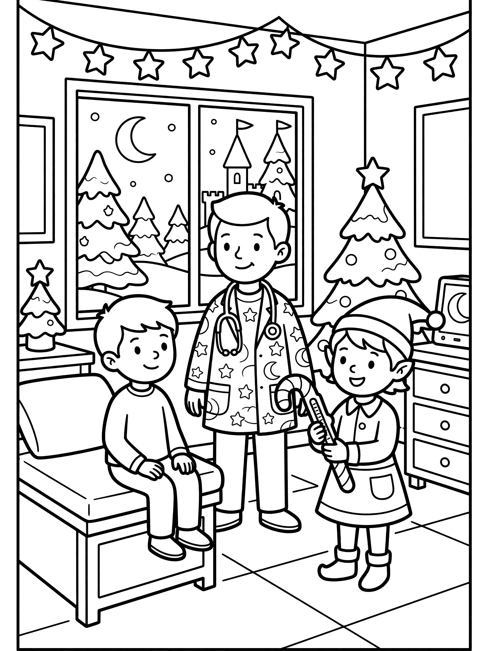 Black and white line art coloring page showing a doctor with stethoscope next to boy on exam bed and elf girl with candy cane in a room with Christmas tree, hanging stars, and window view of moon, castle, and trees.