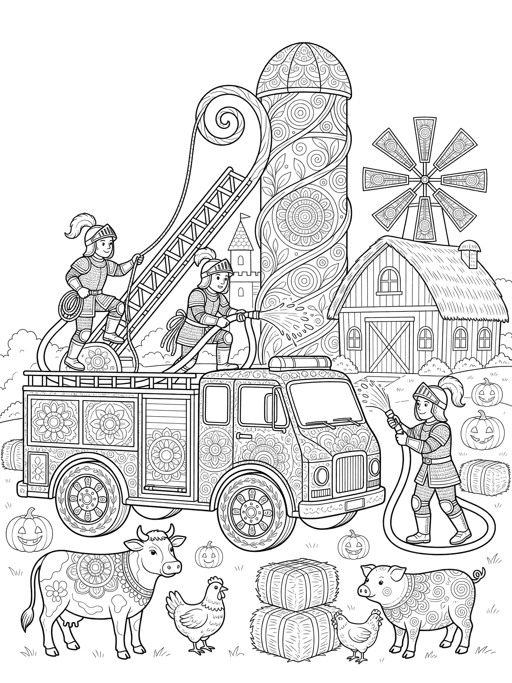 Detailed mandala-style coloring page showing fire truck rescue scene with fairy tale firefighters rescuing farm animals like cows and pigs from a barn with silo and pumpkin patch.
