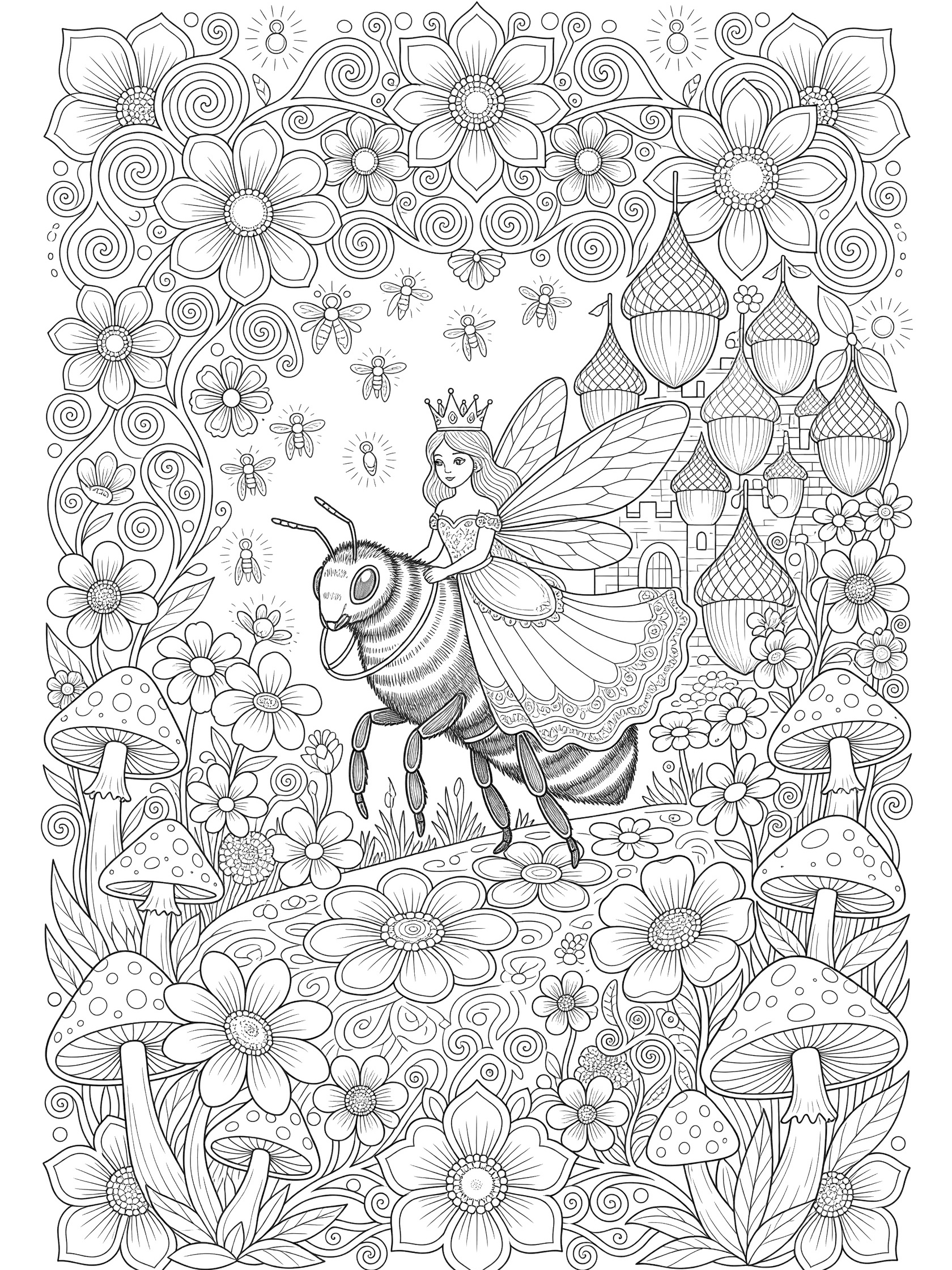 Black and white coloring page of a flea princess with wings and crown riding a striped bumblebee steed in an enchanted garden with petals, vines, mushrooms, fireflies, and acorn shell castle.