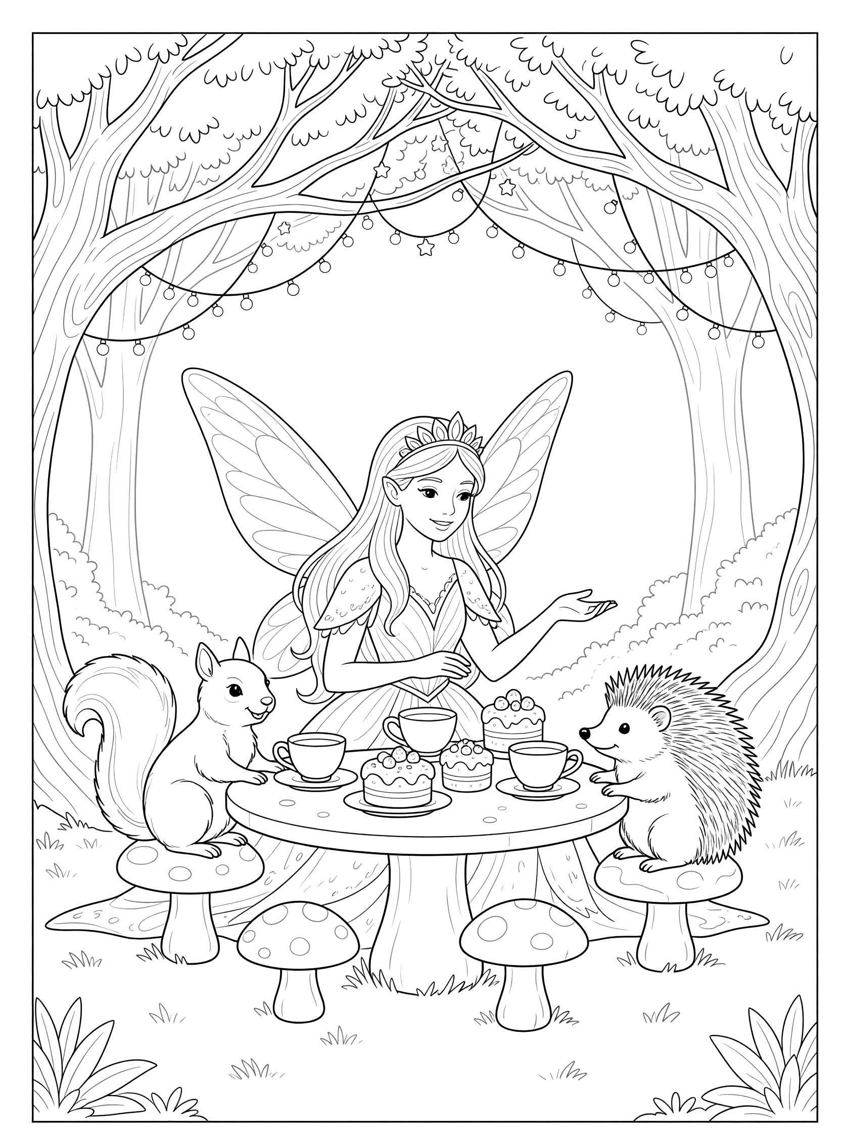 Black and white coloring page of a fairy princess at a tea party with squirrel and hedgehog on mushroom stools around a mushroom table with teacups and cakes in a forest with hanging lights.