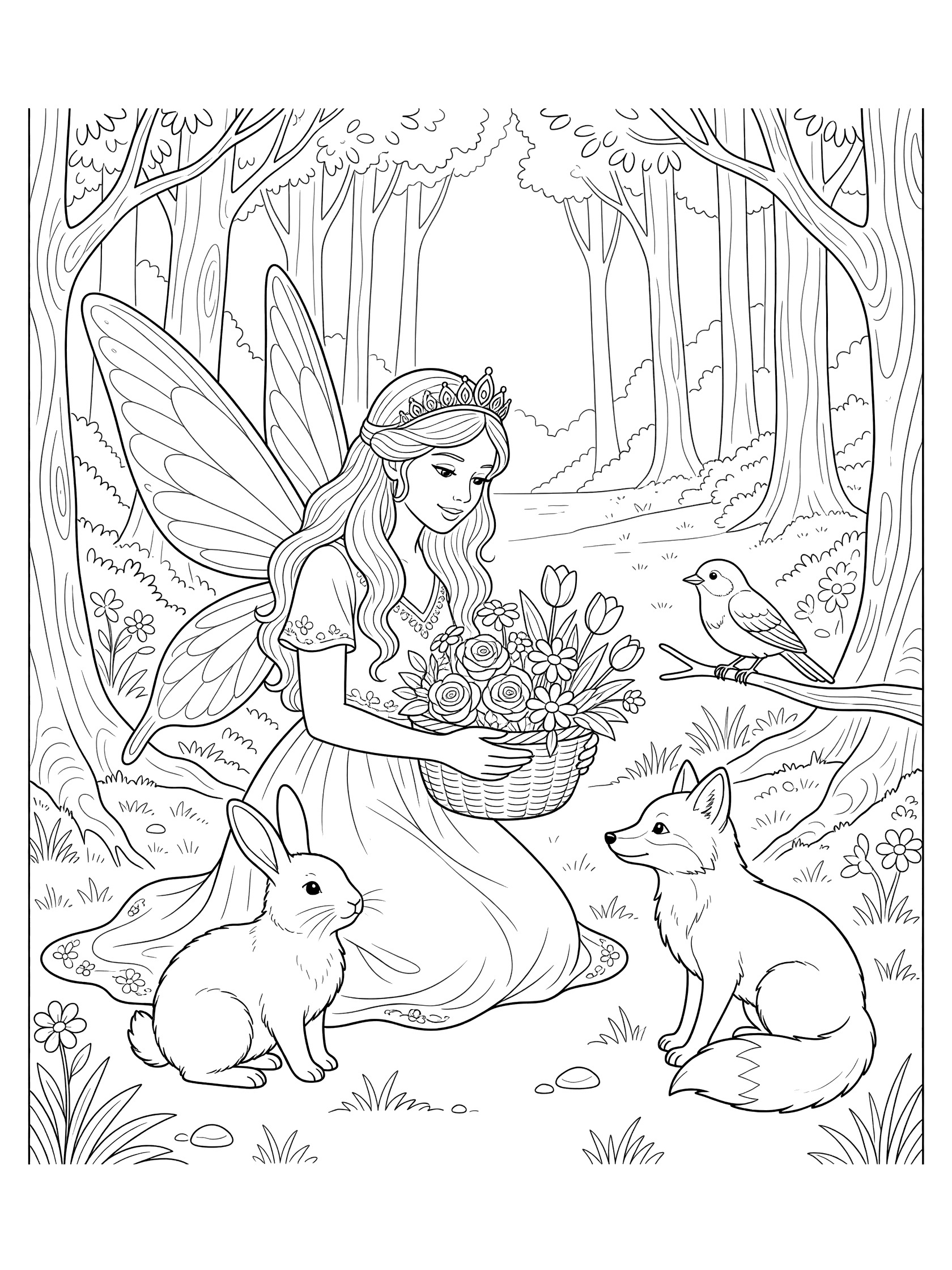 Black and white line art coloring page showing a fairy princess with wings and crown kneeling to offer flowers from a basket to a bunny rabbit, fox, and bird in a forest glade with trees and grass.