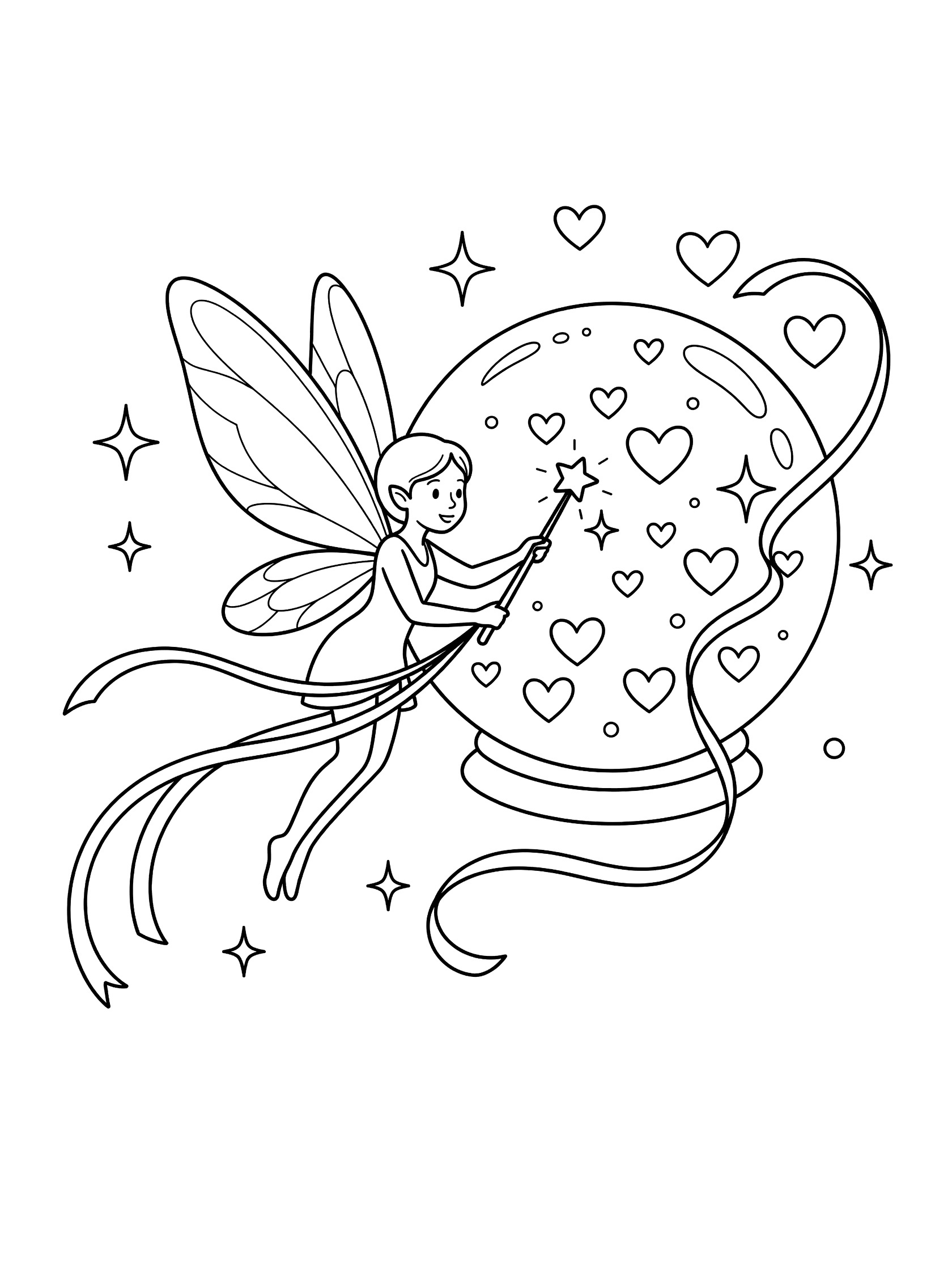 Black and white line art coloring page showing a fairy with wings holding a wand near a floating crystal ball with hearts and stars inside, ribbons and sparkles around.