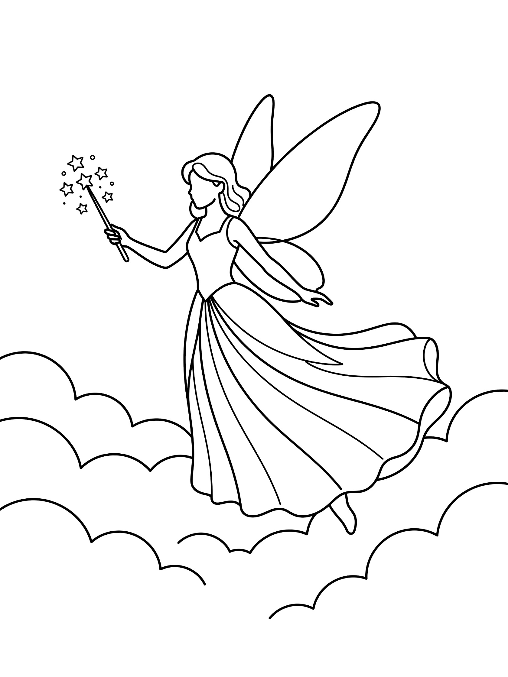 Black and white line art coloring page showing a fairy with large wings, long gown, and wand topped with stars, flying over clouds.