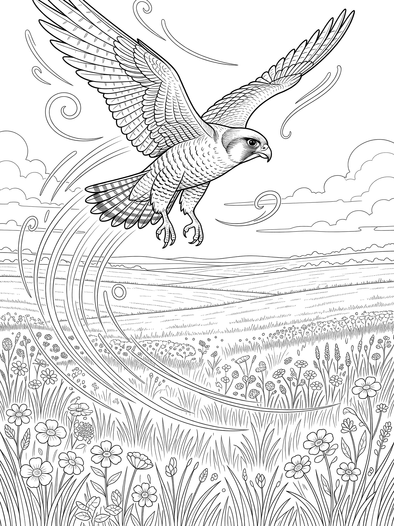 Black and white line art coloring page showing a falcon in flight with motion swirls, diving over a detailed meadow of grass and flowers.