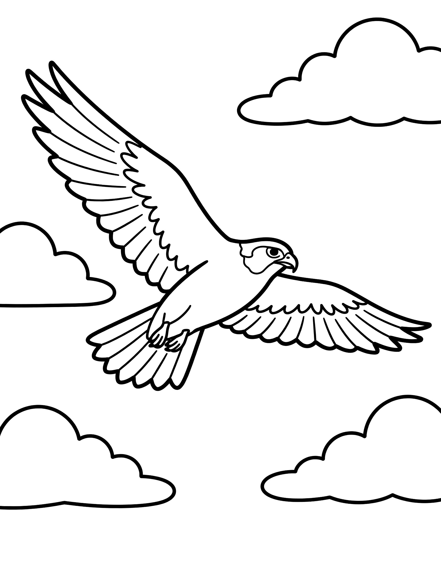 Black and white line art coloring page showing a falcon soaring with outstretched wings and several fluffy clouds around it on a white background.