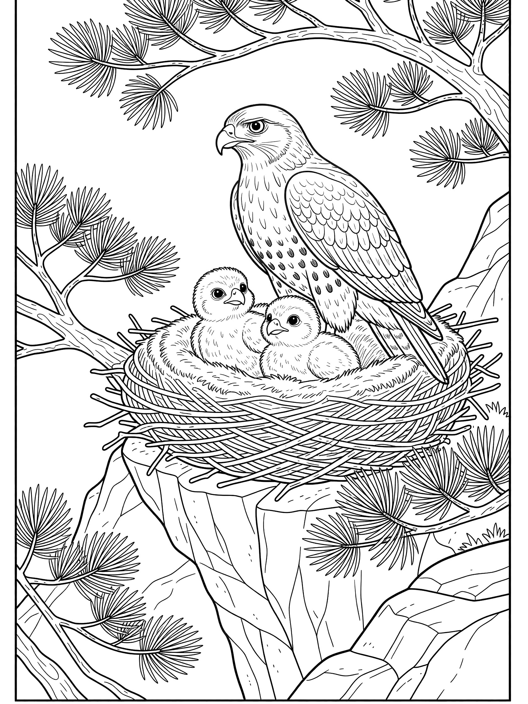 Black and white line art of a falcon mother bird in a nest on a cliff with pine branches, three baby falcon chicks looking out from the nest. Hawk themed black and white printable line art