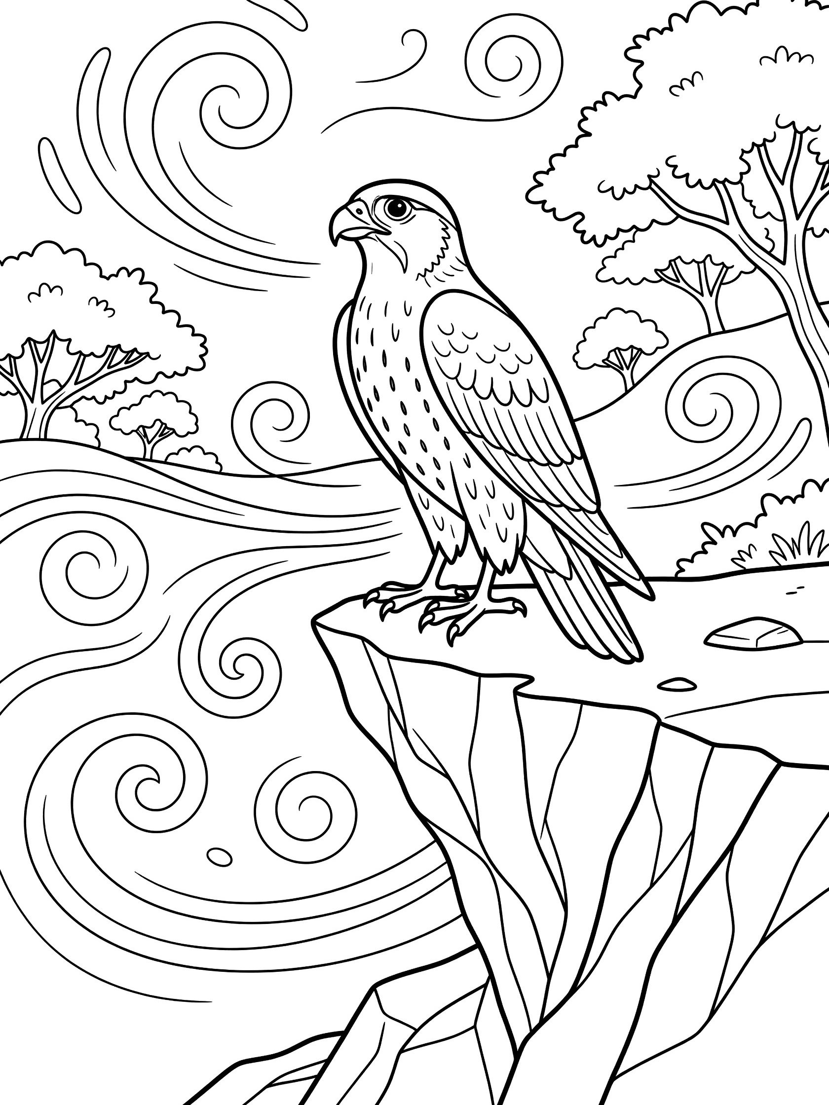 Black and white coloring page of a falcon perched on a cliff edge with swirling wind patterns, rocky ledge, and background trees