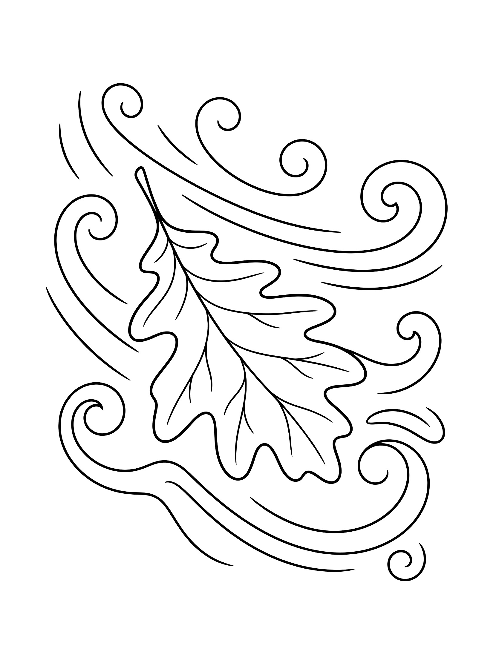 Black and white coloring page of a detailed oak leaf tumbling down with playful swirling wind lines around it
