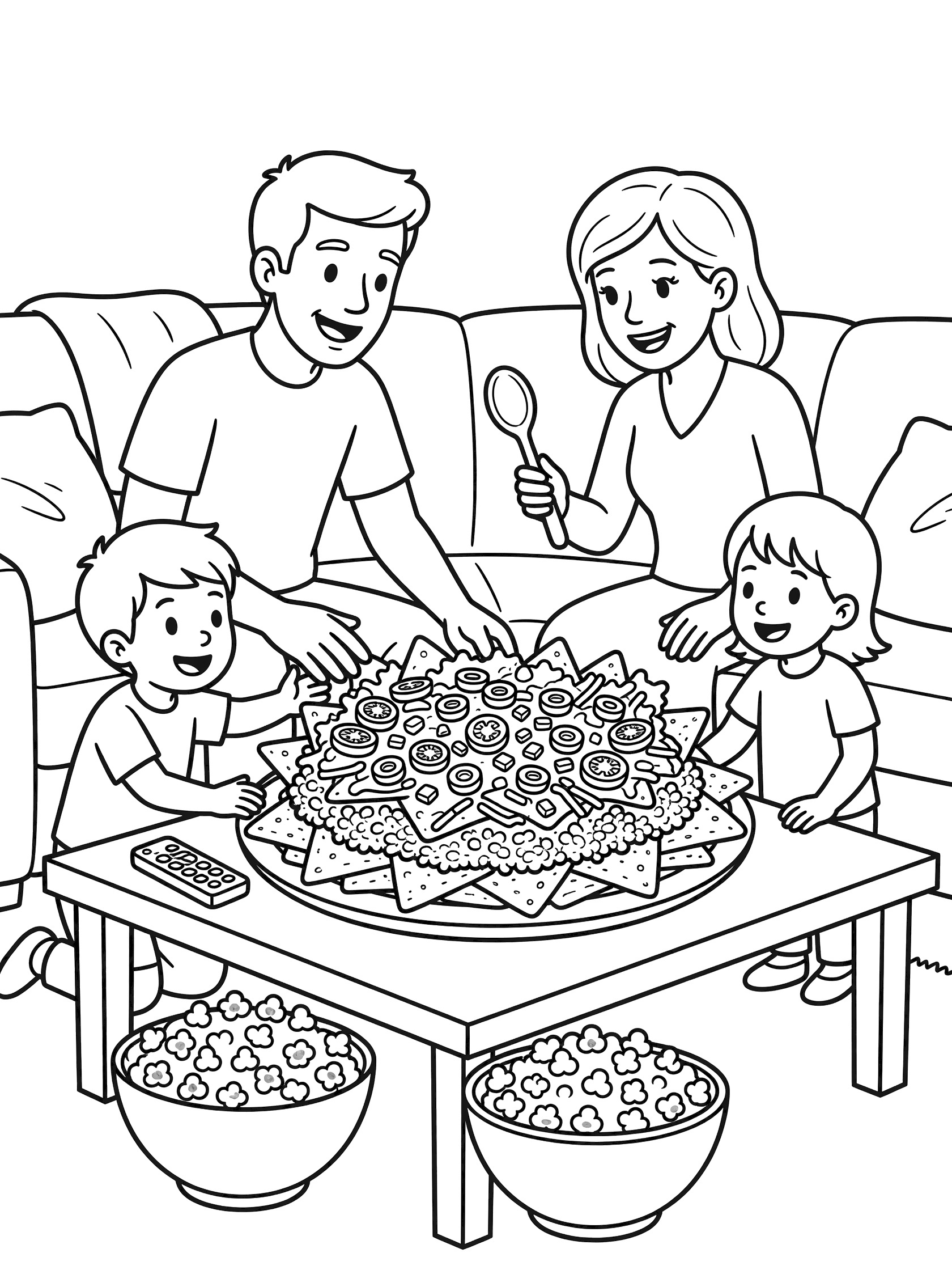 Coloring page showing mom, dad and two kids happily building a giant nachos platter on living room table with popcorn bowls for movie night.
