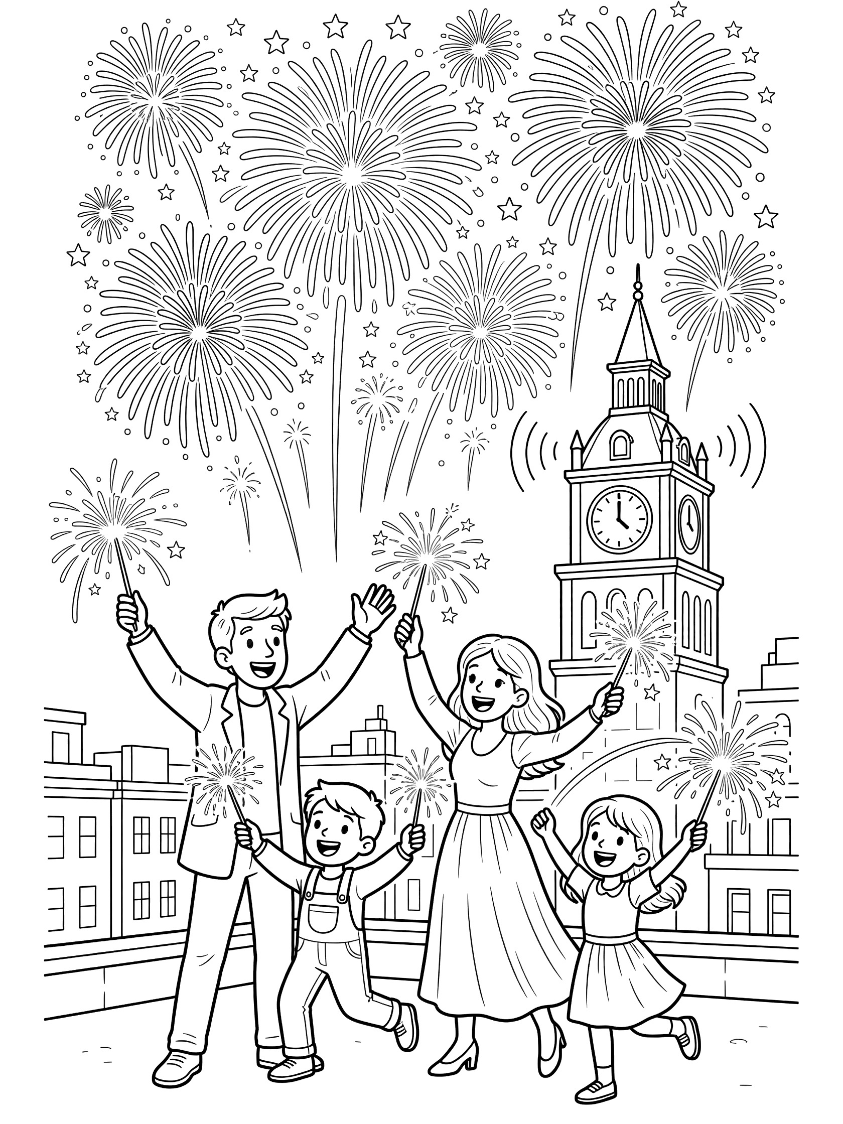 Black-and-white line art coloring page showing a family on a rooftop holding sparklers, cheering as fireworks burst in the sky and a clock tower chimes midnight for New Year's Eve.