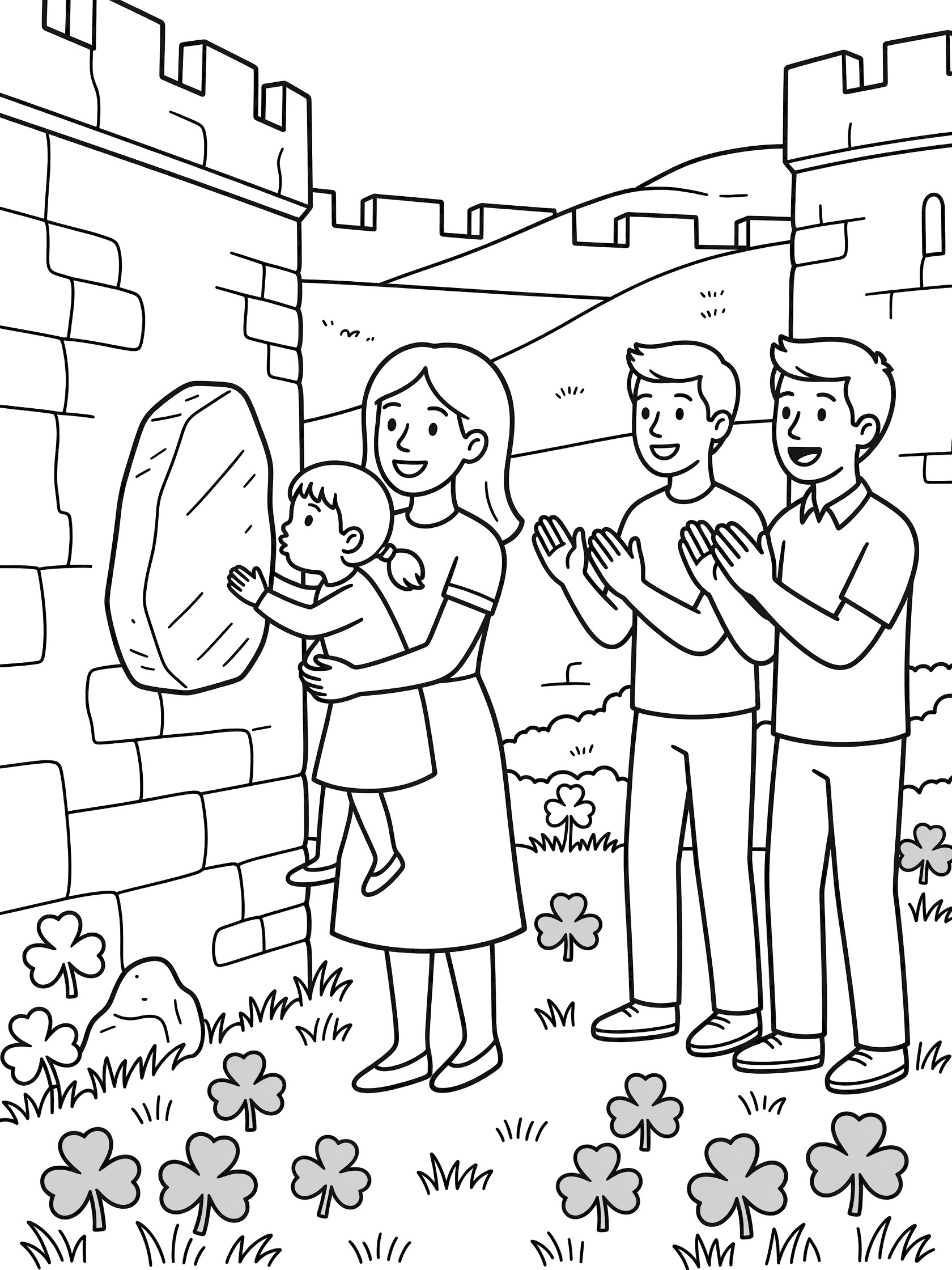 Line art coloring page showing a joyful family visiting the Blarney Stone at Blarney Castle on St. Patrick's Day, with mom holding child to kiss the stone, dad and sibling clapping, castle walls, grass and shamrocks.