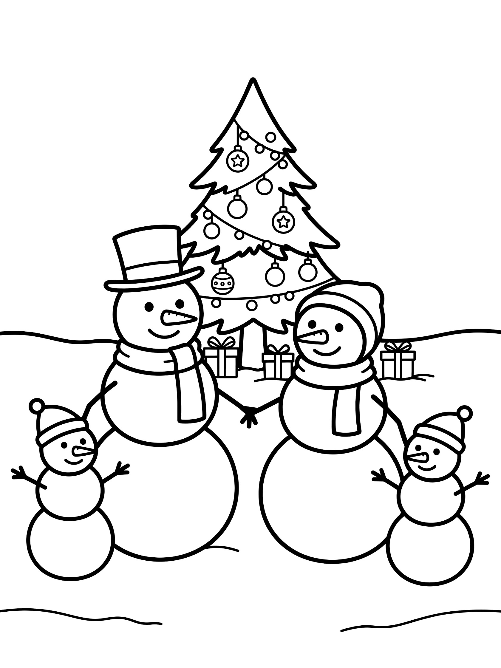 Black and white line art of a snowman family holding hands in a snowy yard with Christmas tree, ornaments, and presents behind them.