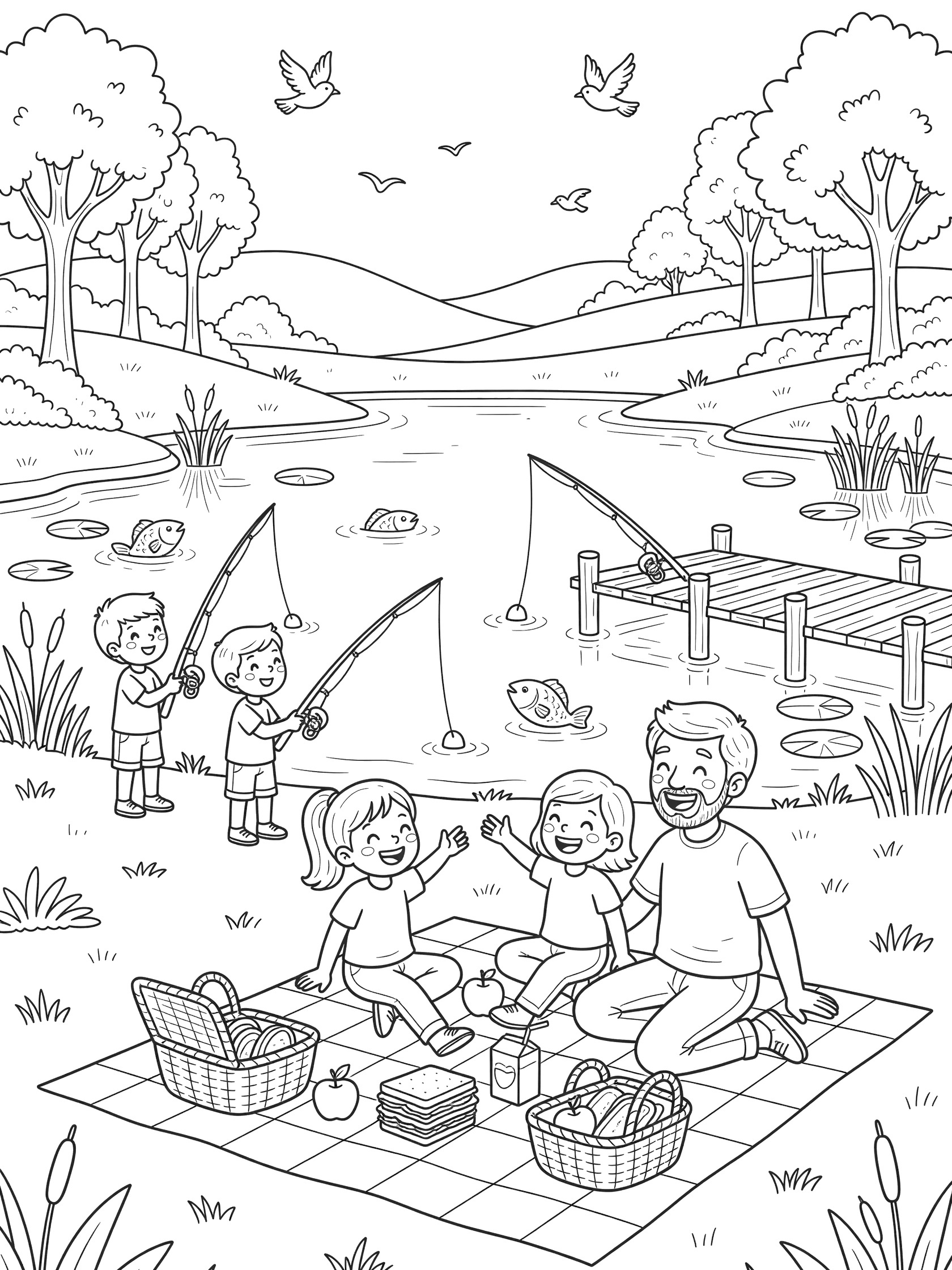 Whimsical line art coloring page showing a family laughing on a checkered picnic blanket by a serene fishing lake, with kids fishing, wooden dock, lily pads, reeds, trees, hills, and birds.