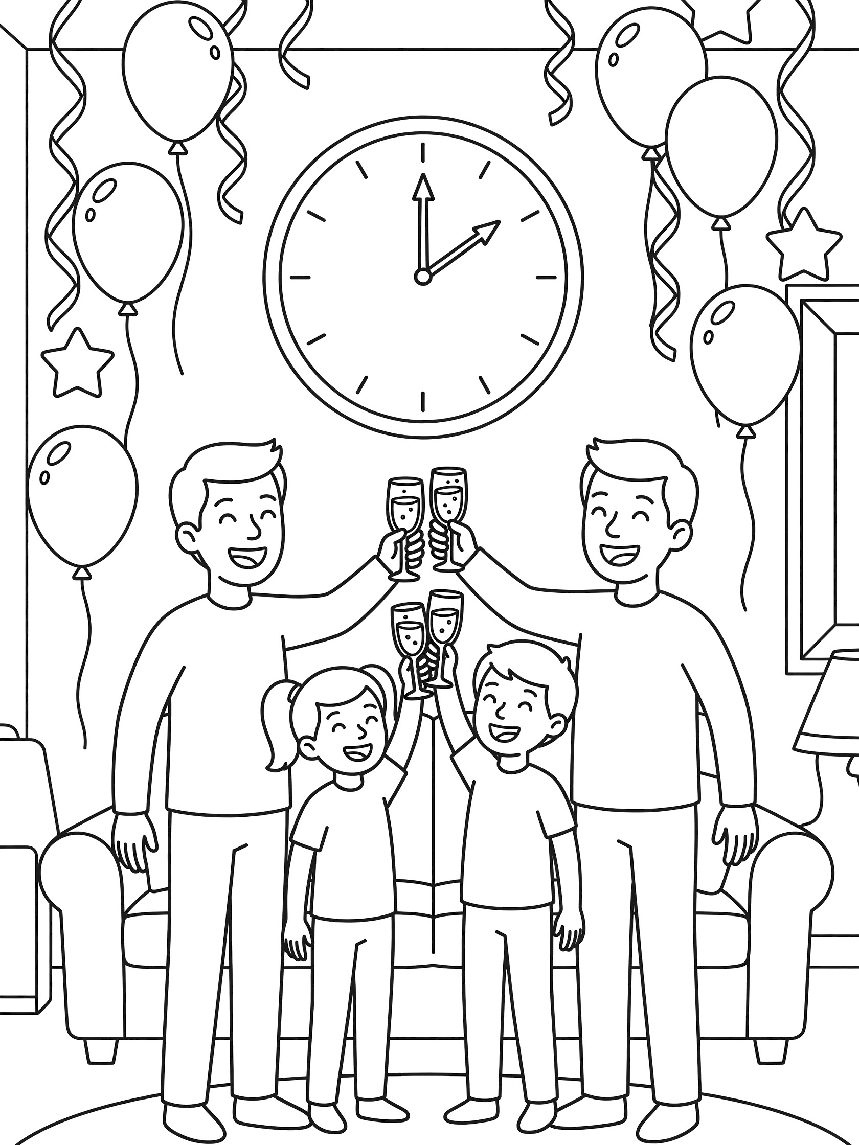 Black and white line art coloring page showing a family raising glasses together for 2026 New Year countdown with clock at midnight, balloons, and streamers.